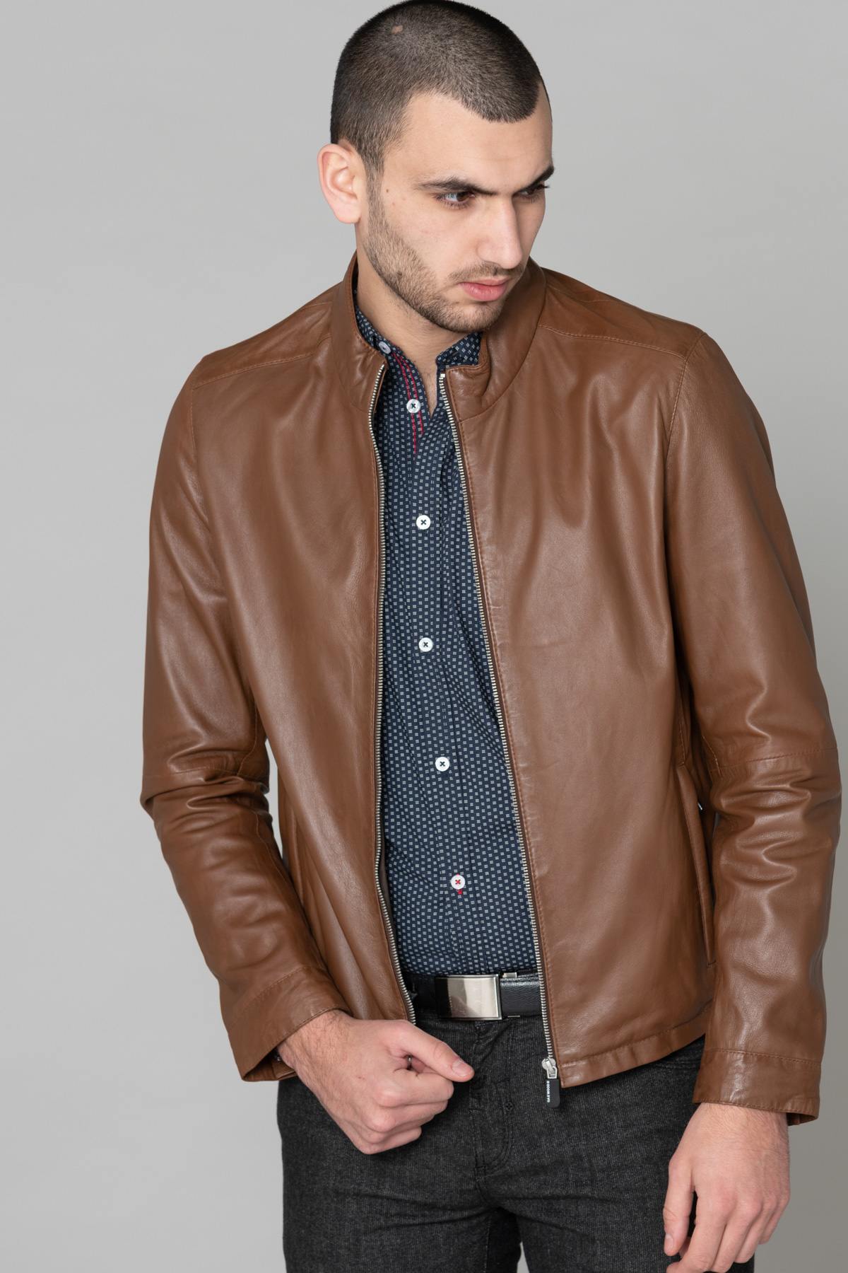 Cognac sheepskin leather jacket - Image n°5