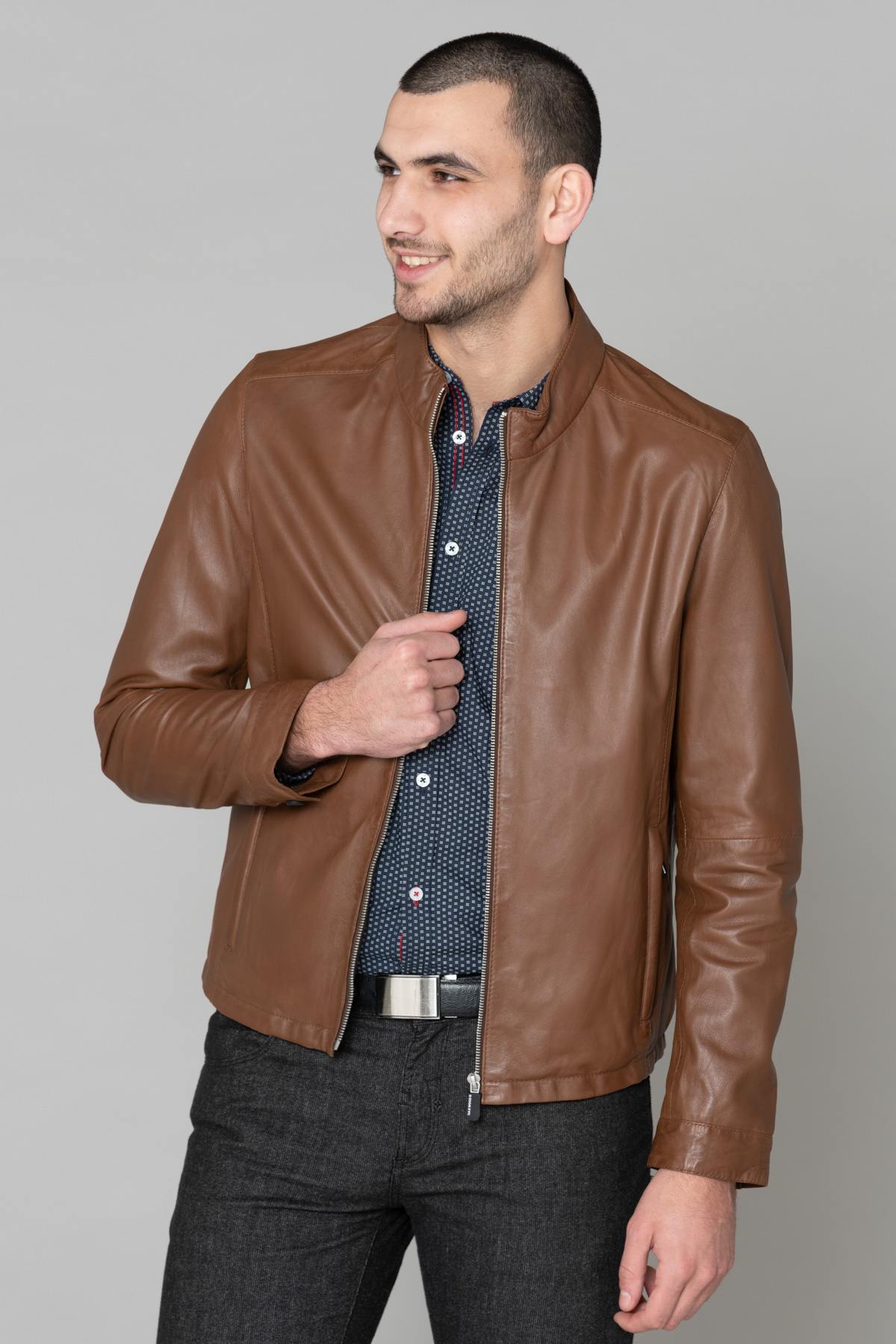 Cognac sheepskin leather jacket - Image n°3