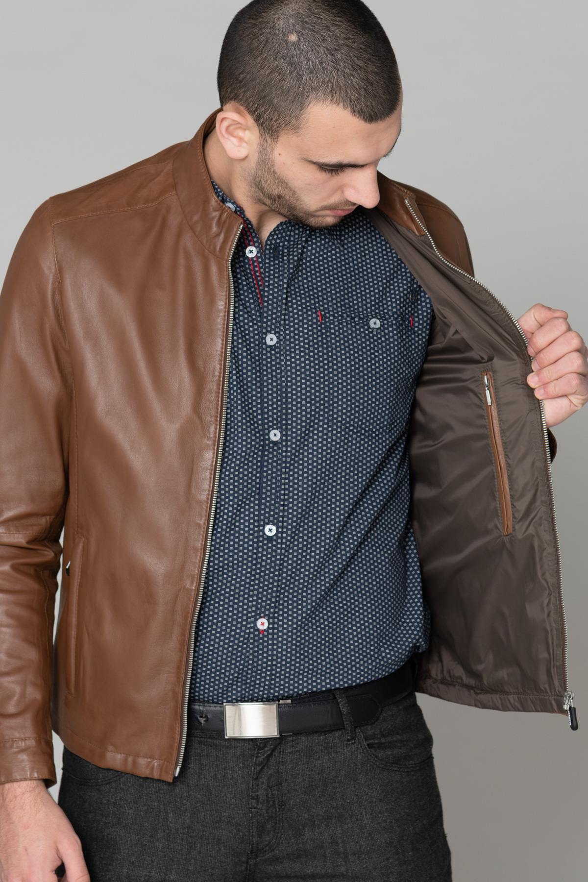 Cognac sheepskin leather jacket - Image n°6