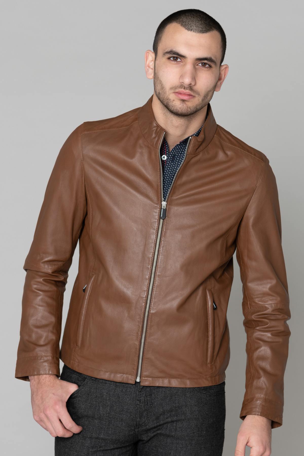 Cognac sheepskin leather jacket - Image n°1