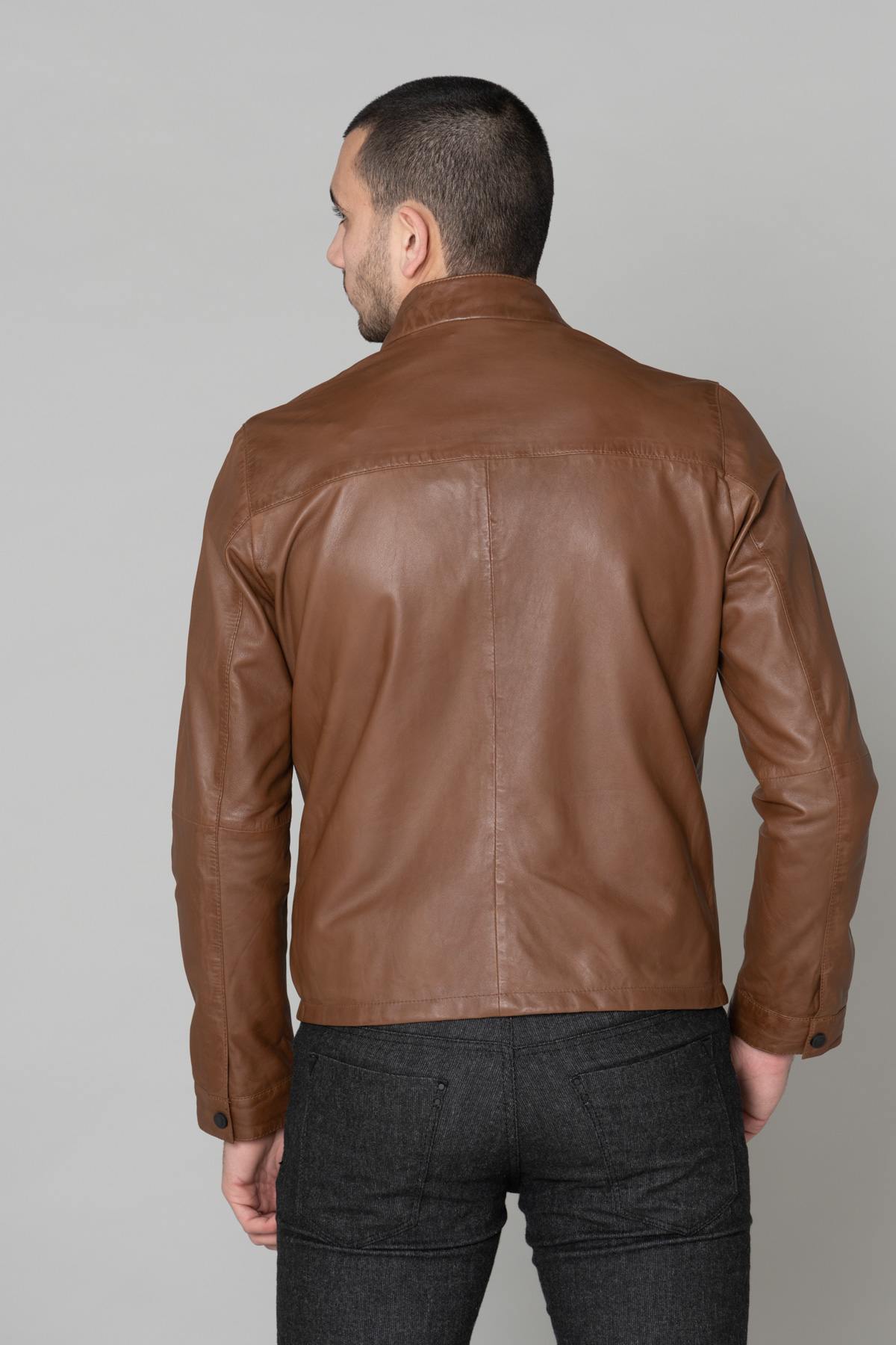 Cognac sheepskin leather jacket - Image n°7