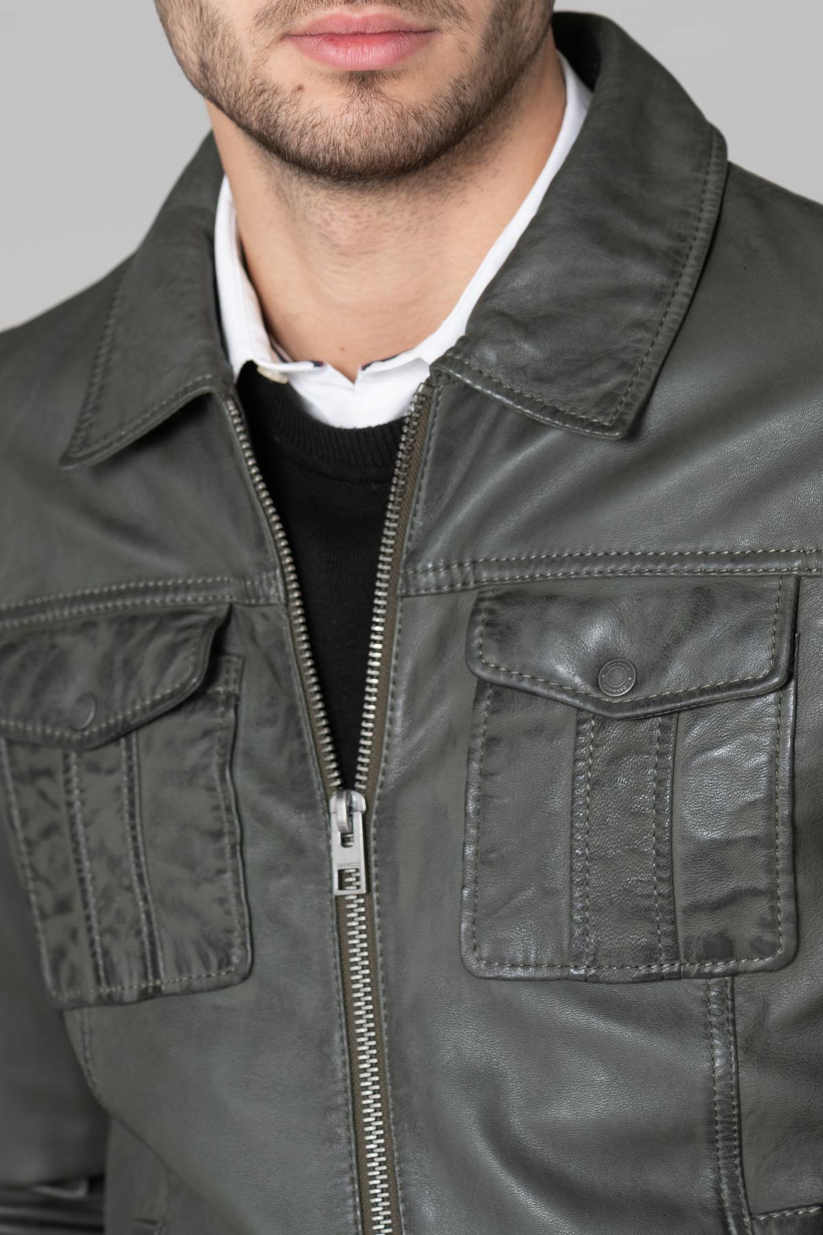 Khaki green leather jacket - Image n°6