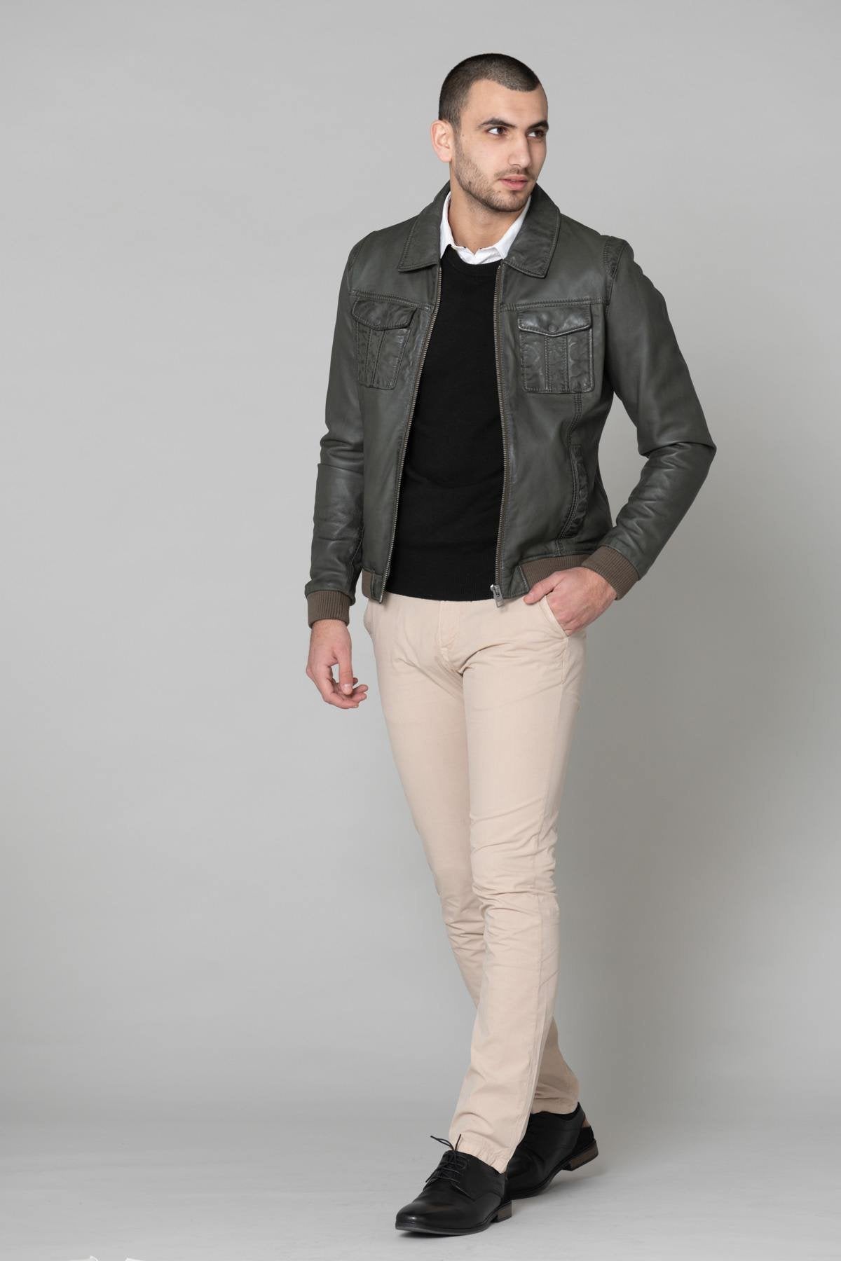 Khaki green leather jacket - Image n°2