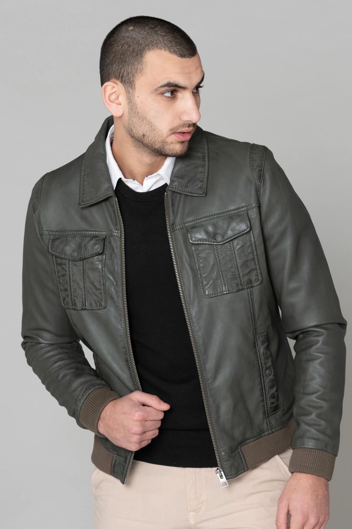 Khaki green leather jacket - Image n°1