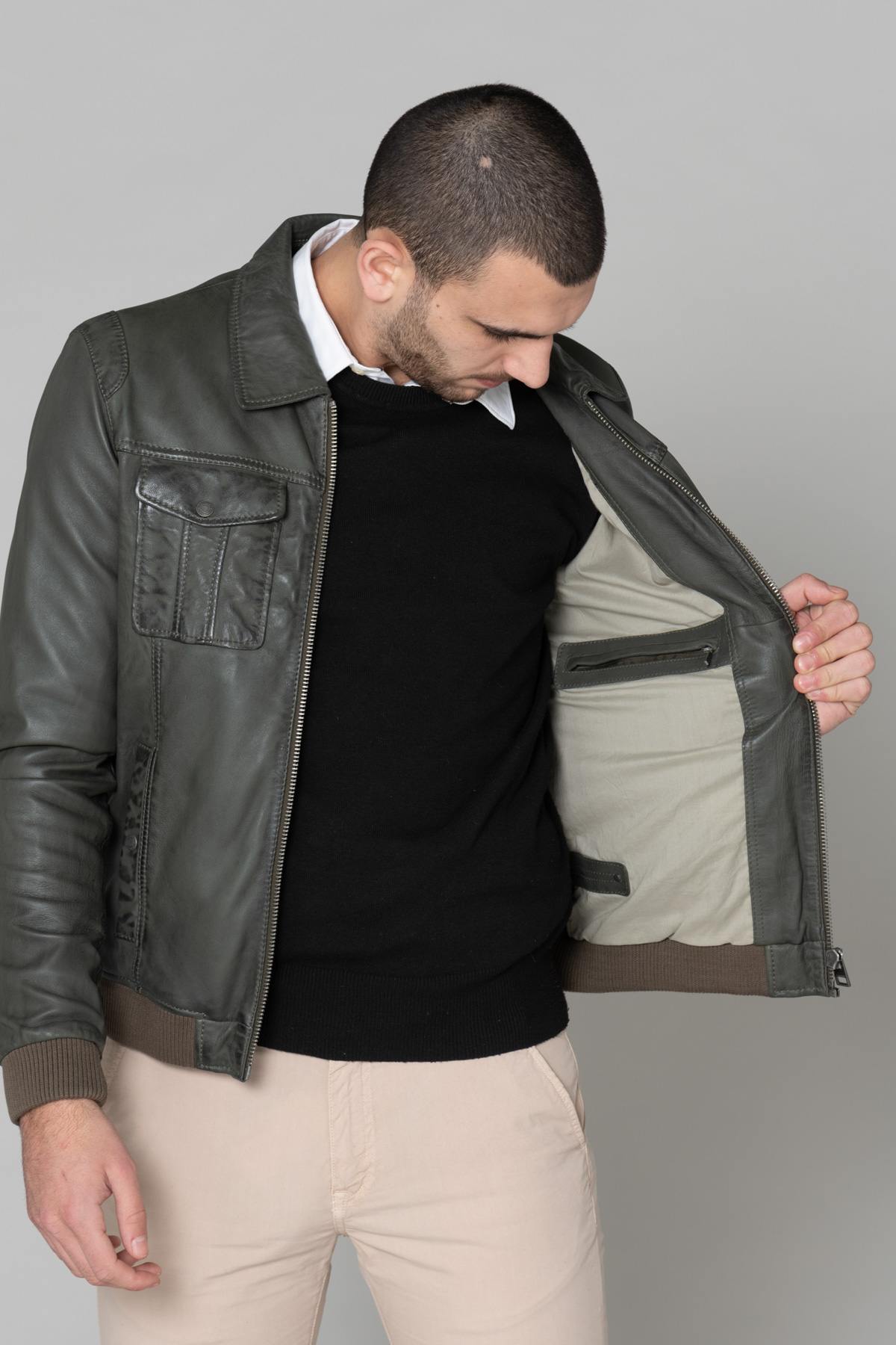 Khaki green leather jacket - Image n°3