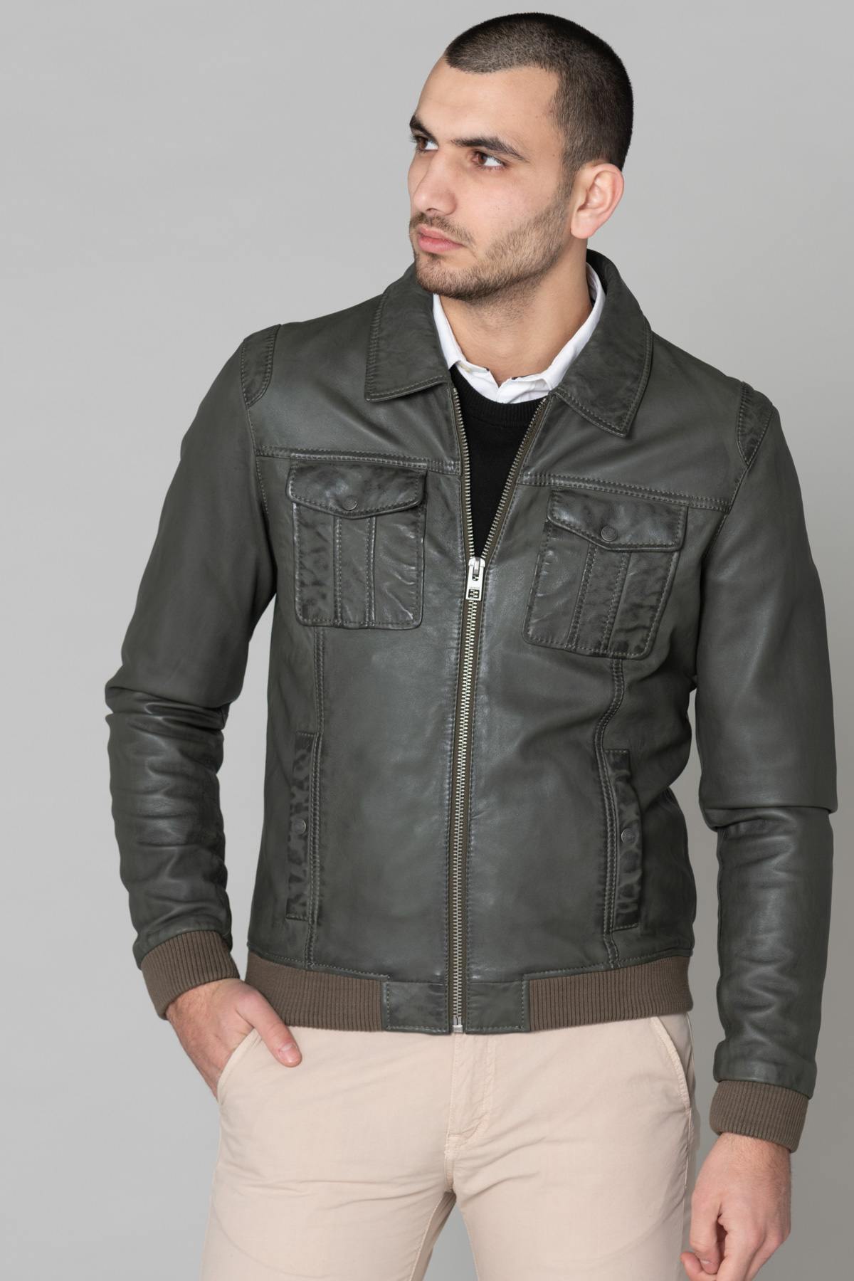 Khaki green leather jacket - Image n°4