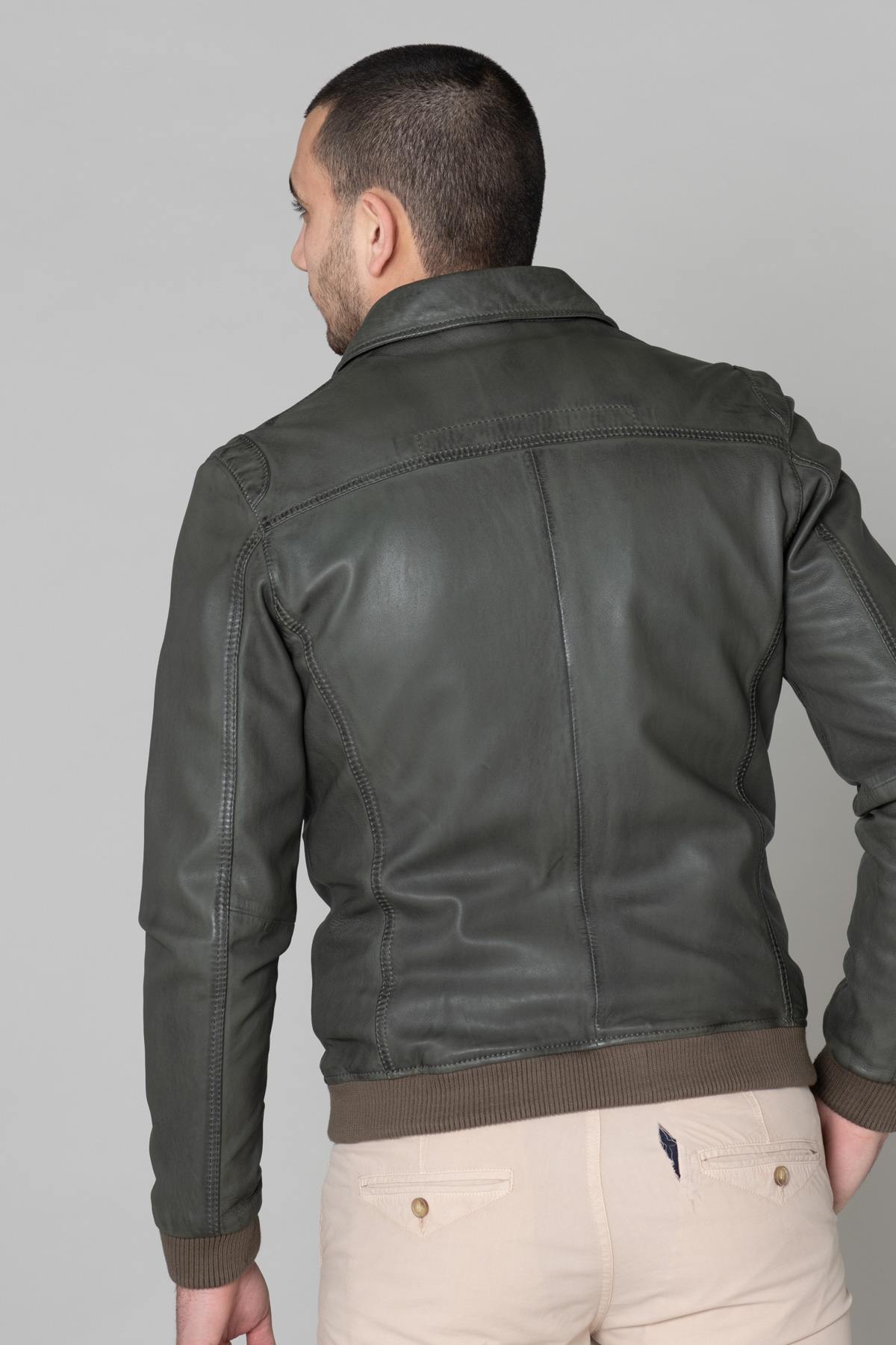 Khaki green leather jacket - Image n°5