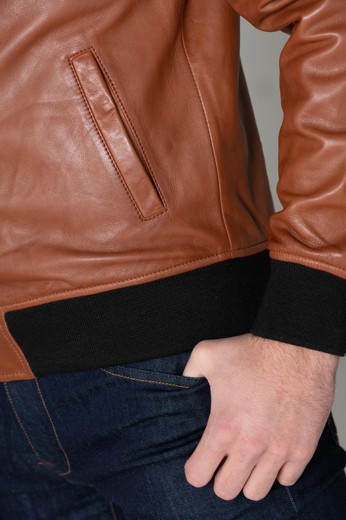 Bomber jacket in cognac leather and black ribbed edge - Image n°8