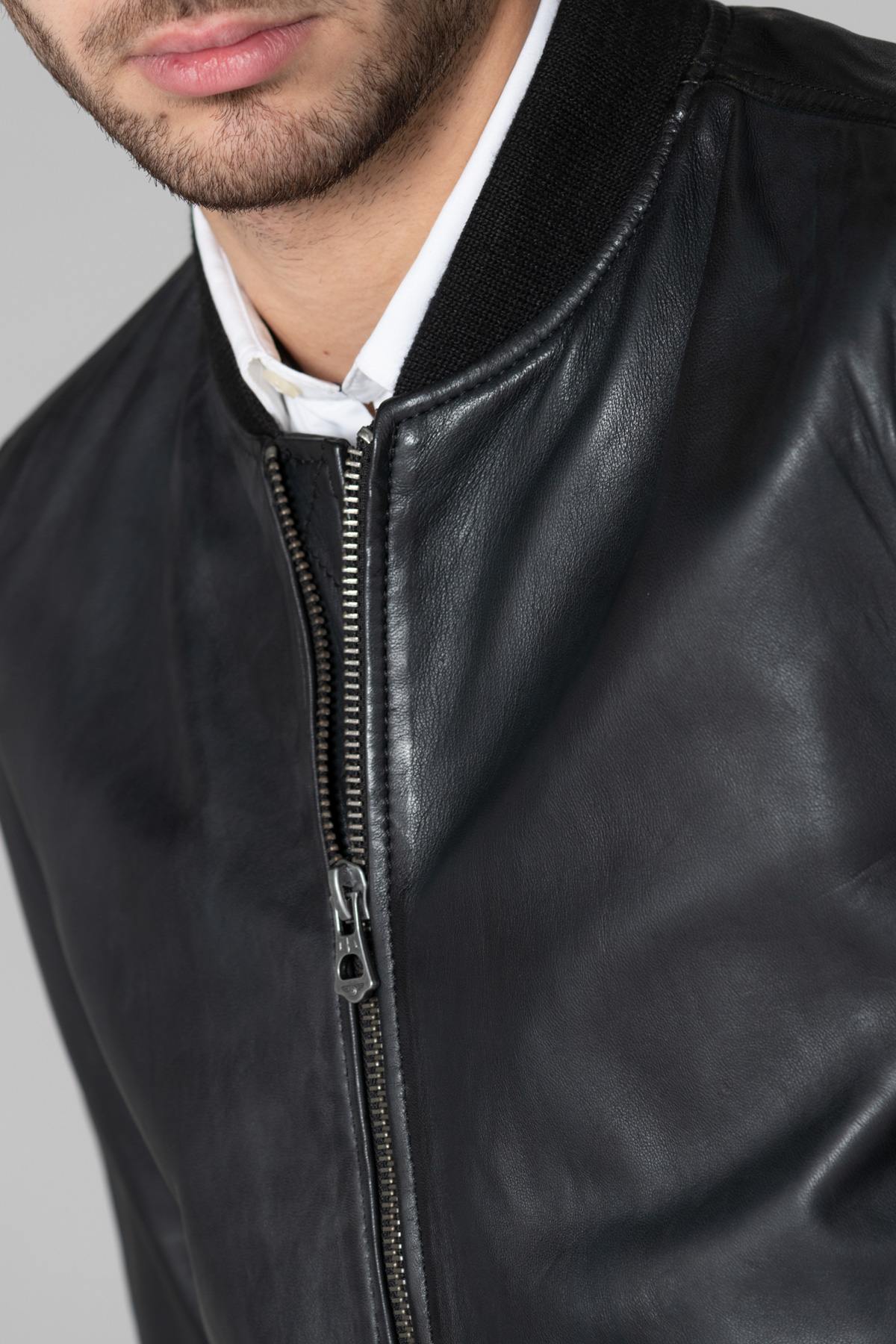 Men's black leather bomber jacket - Image n°2