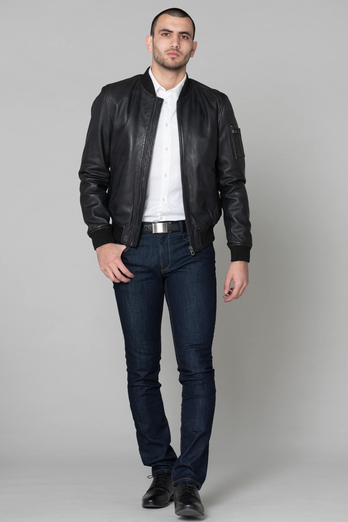 Men's black leather bomber jacket - Image n°3