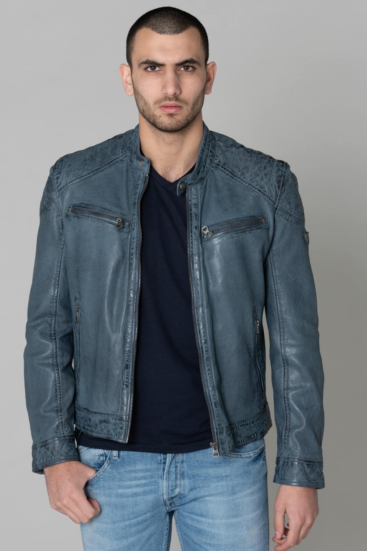 Cyan blue genuine leather jacket - Image n°3