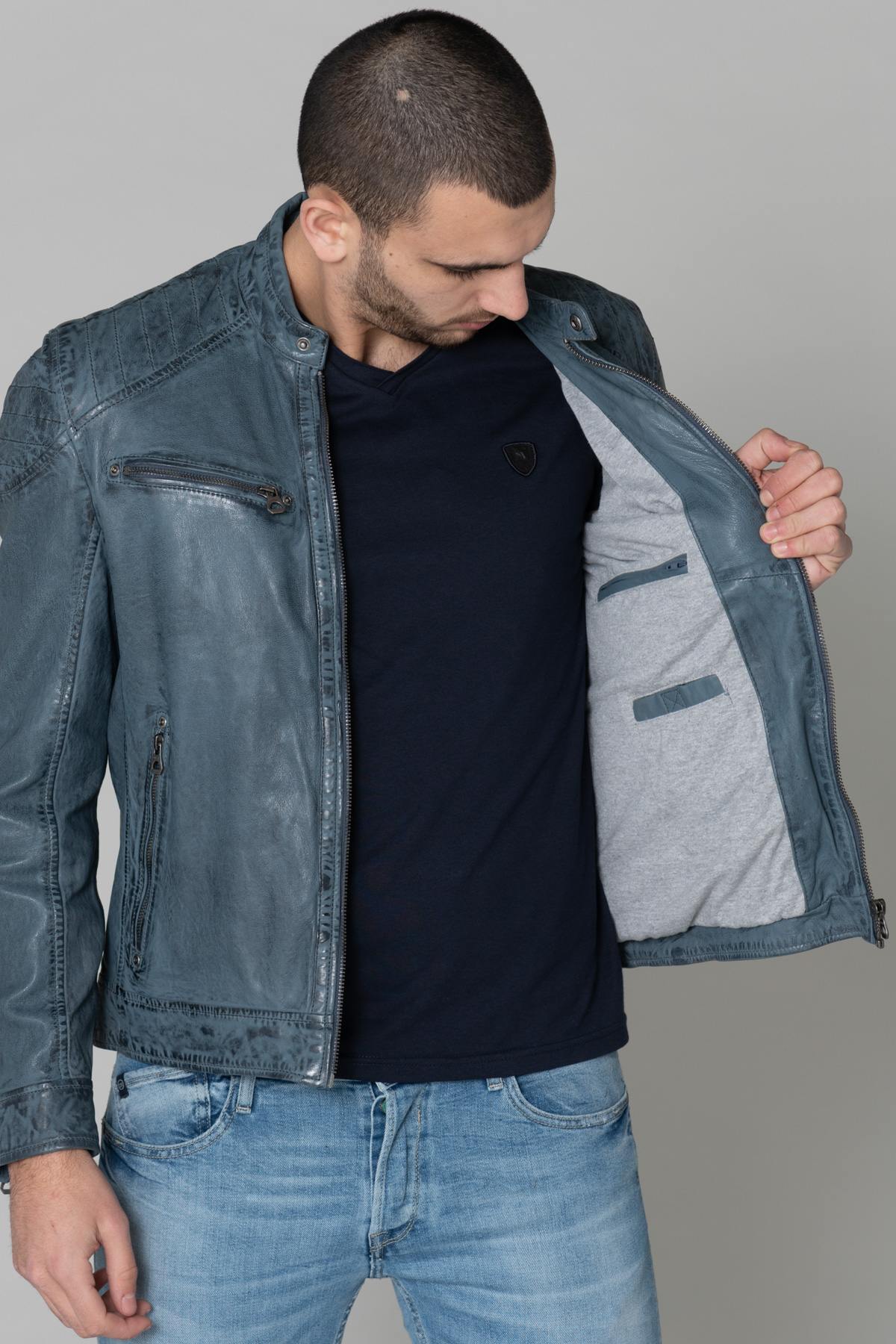 Cyan blue genuine leather jacket - Image n°4