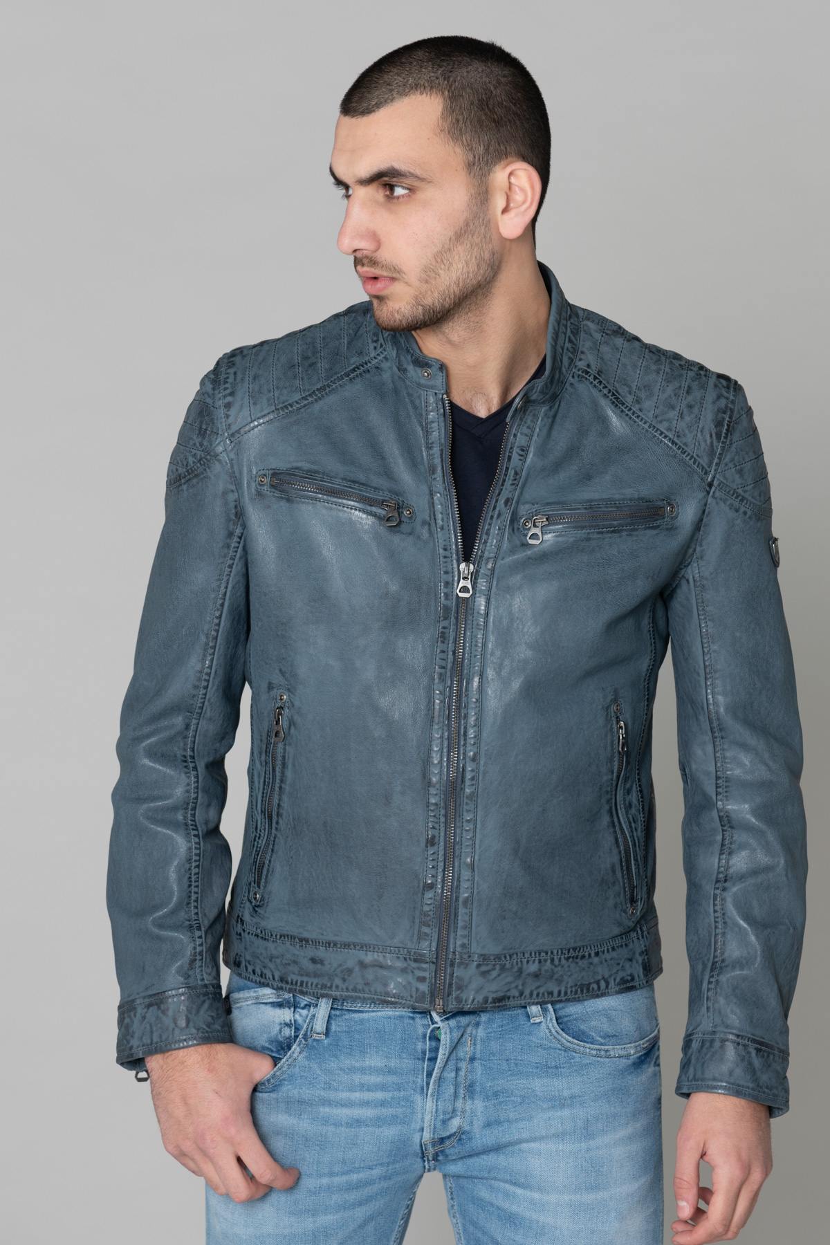 Cyan blue genuine leather jacket - Image n°1