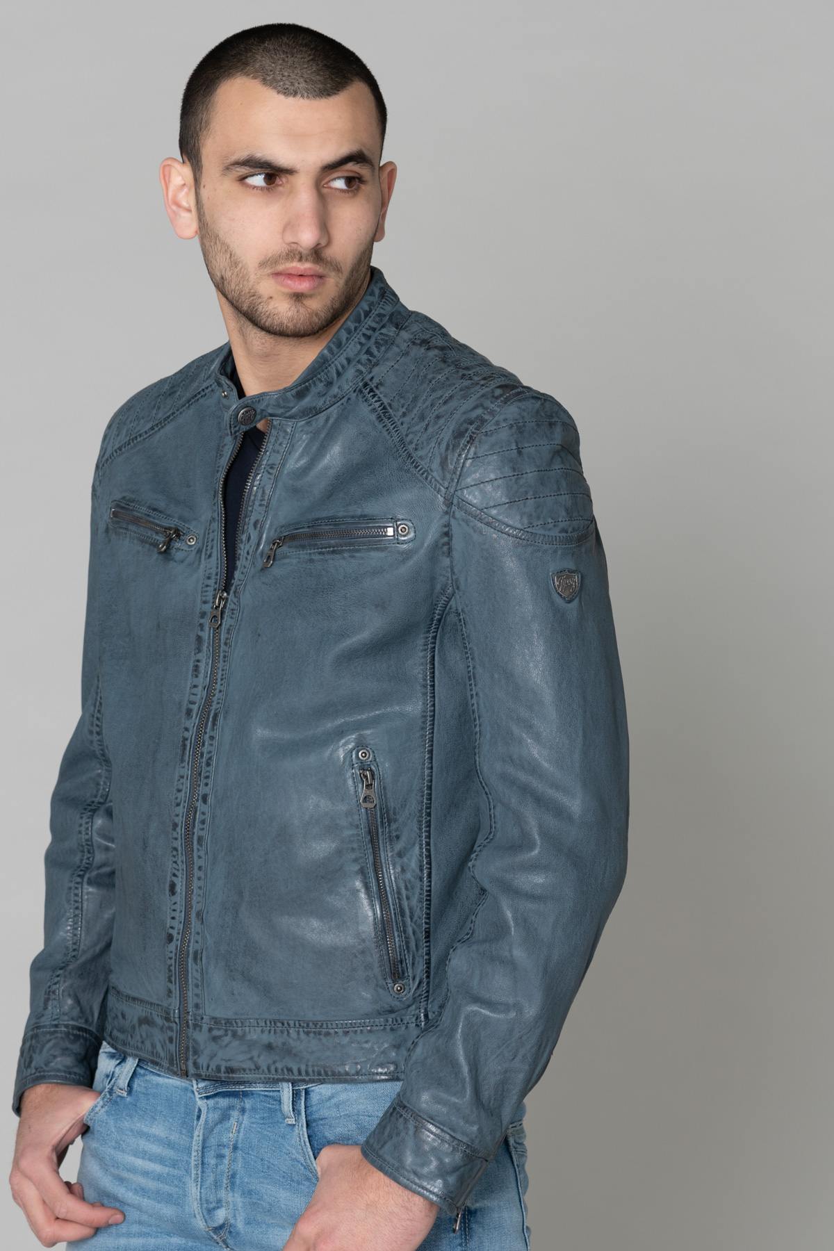 Cyan blue genuine leather jacket - Image n°5