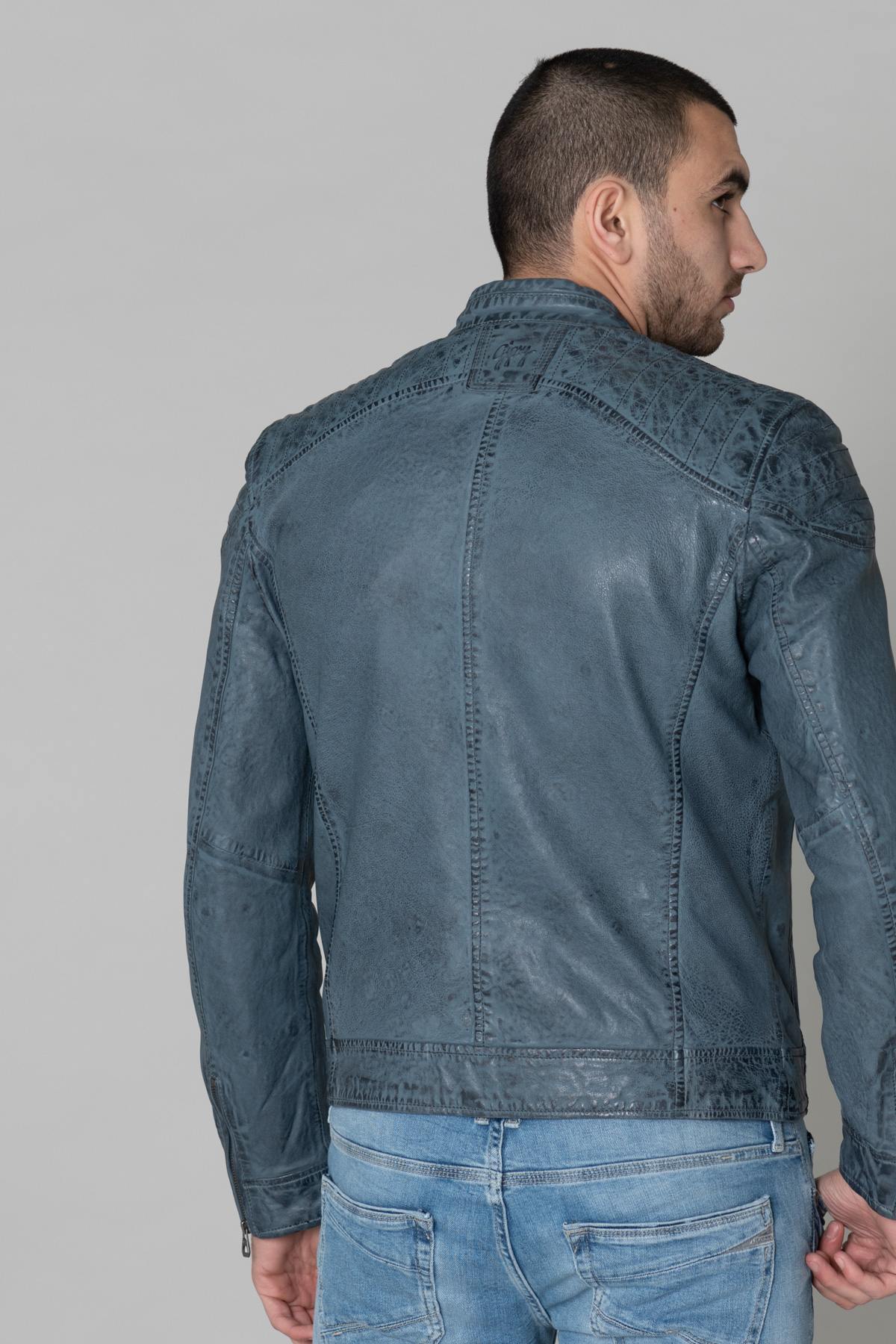 Cyan blue genuine leather jacket - Image n°6