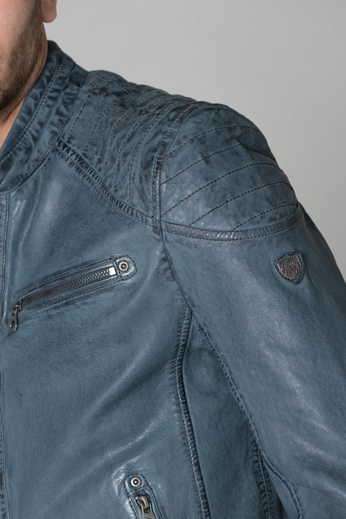 Cyan blue genuine leather jacket - Image n°7