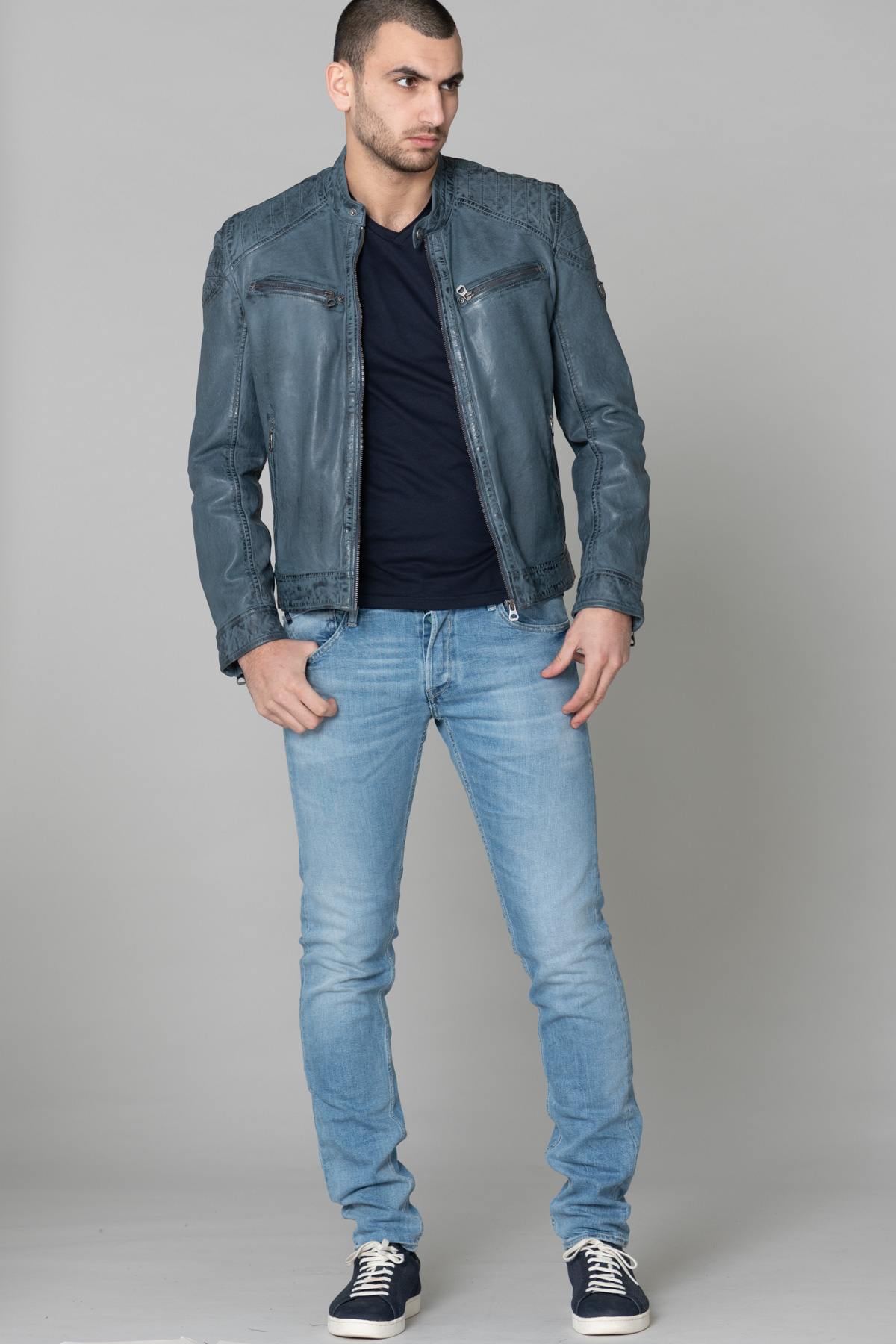 Cyan blue genuine leather jacket - Image n°2