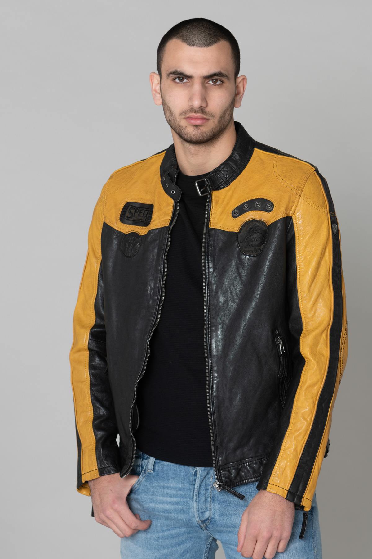 Black and yellow biker style leather - Image n°4