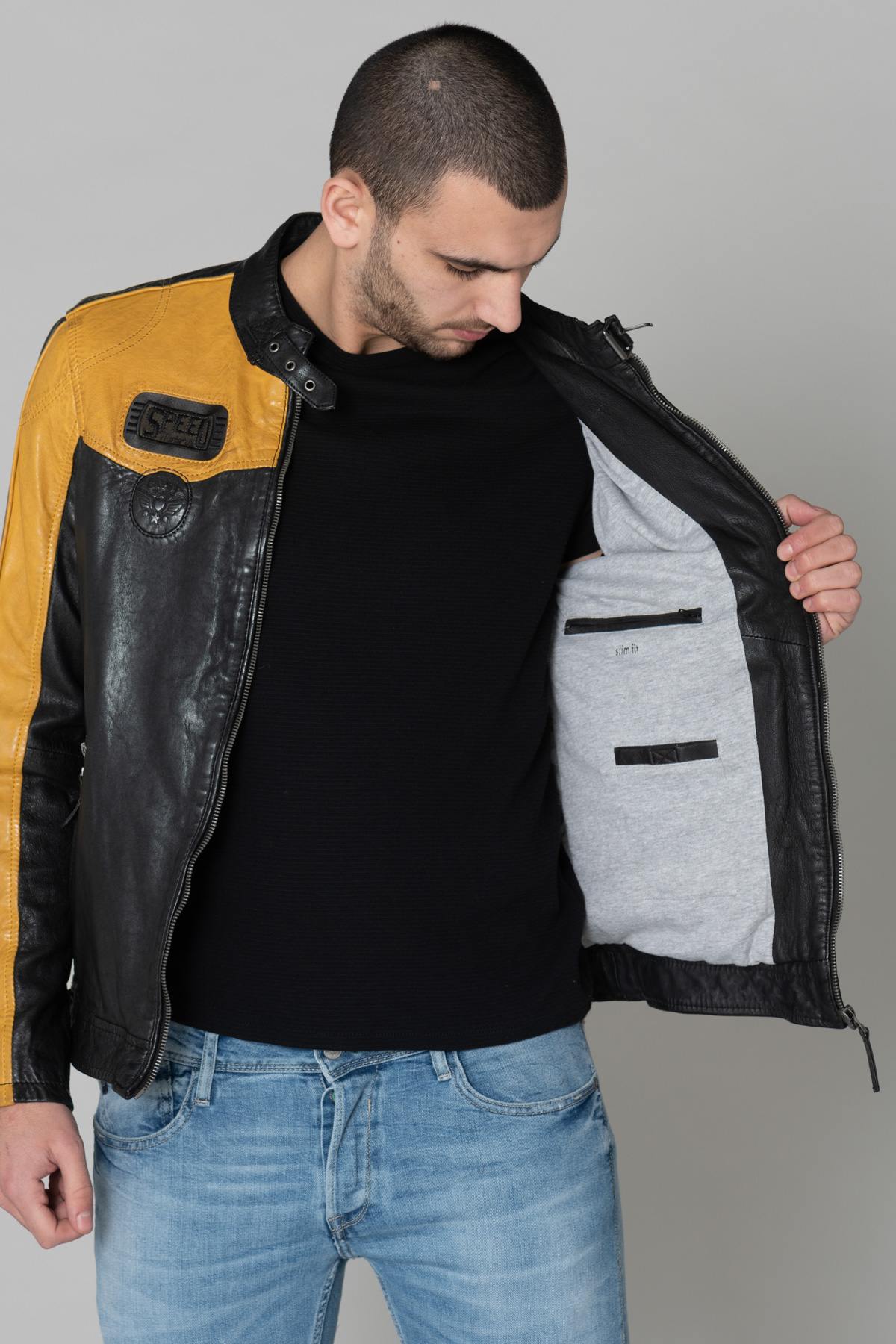 Black and yellow biker style leather - Image n°5