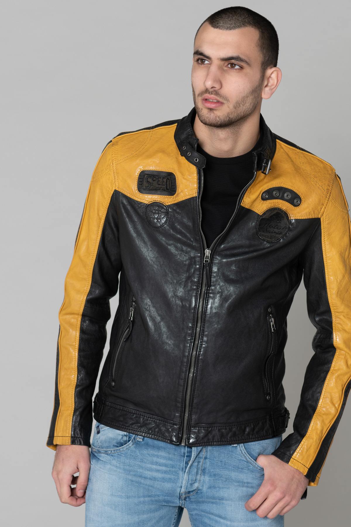 Black and yellow biker style leather - Image n°1