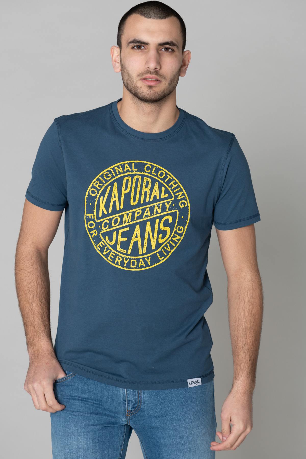 Men's blue t-shirt with yellow logo - Image n°1