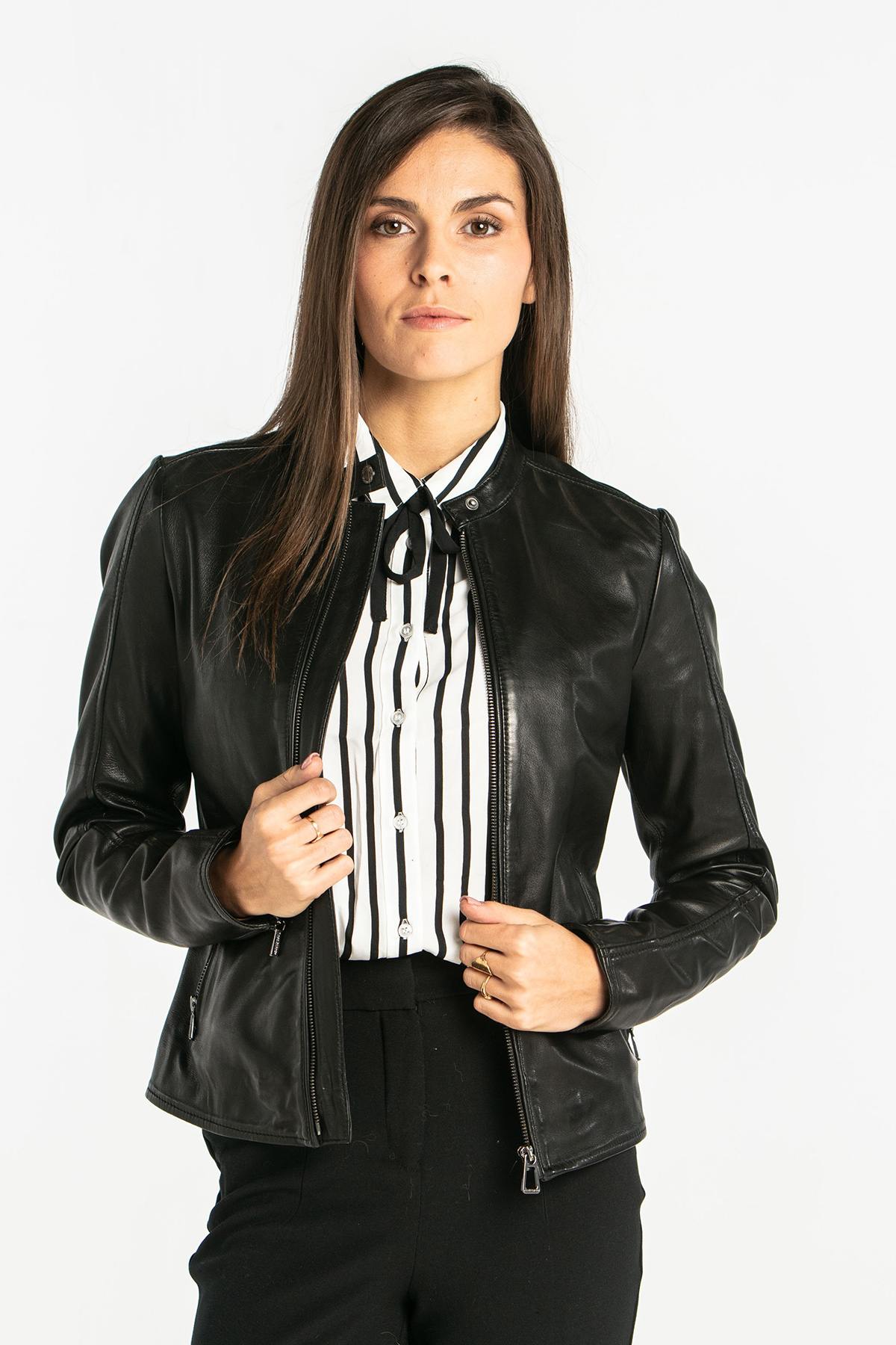 Lambskin leather jacket with snap collar - Image n°1