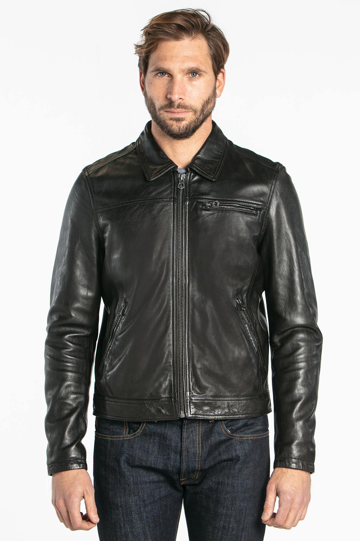 Black lambskin leather jacket with shirt collar - Image n°2