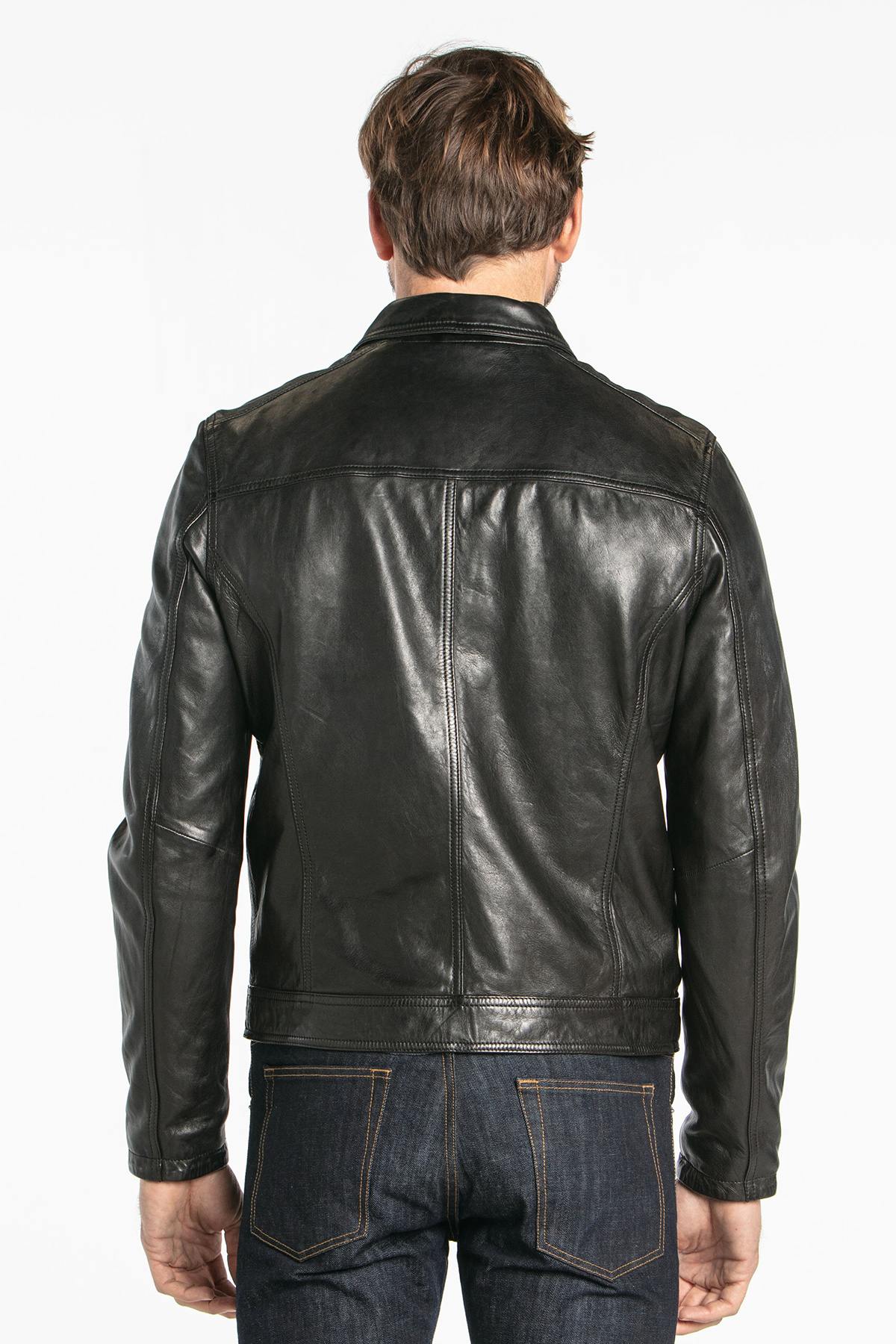 Black lambskin leather jacket with shirt collar - Image n°3