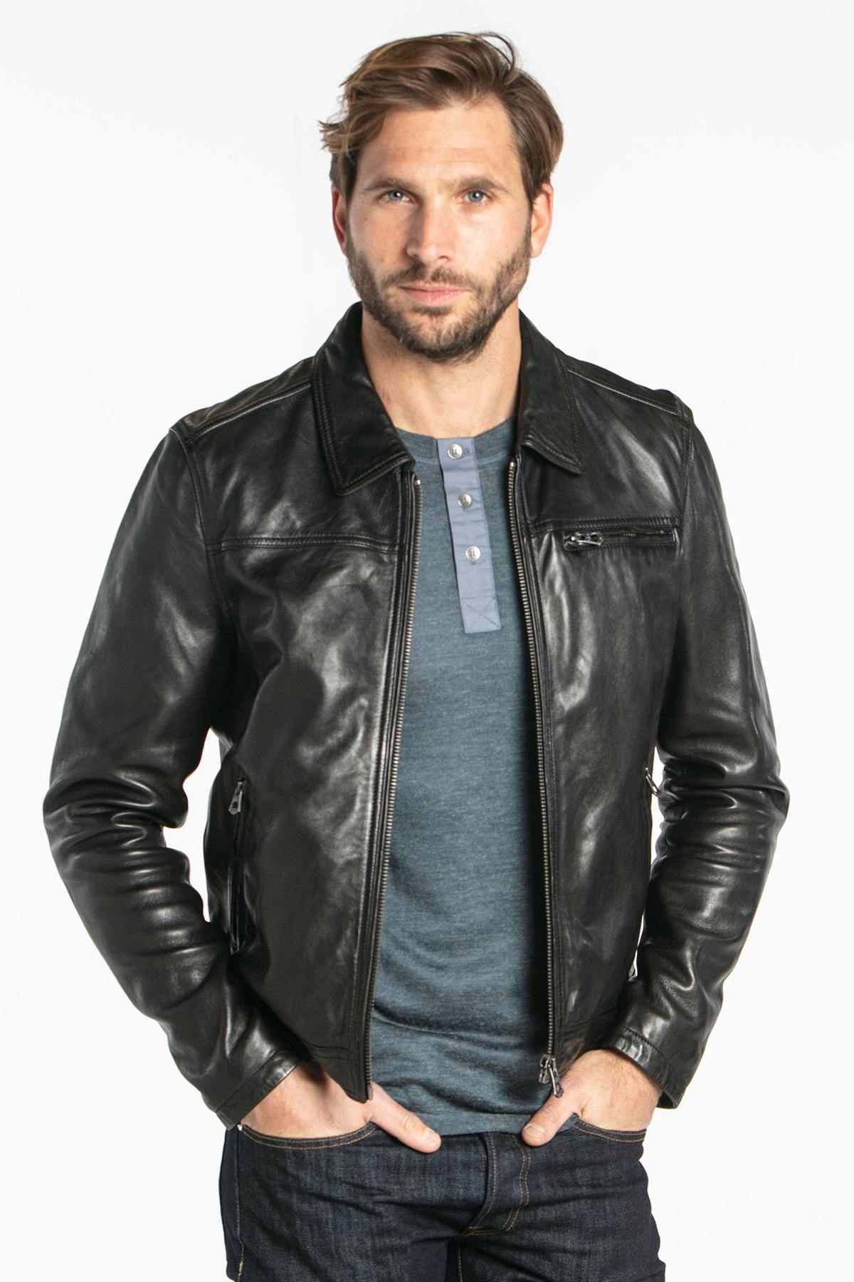 Black lambskin leather jacket with shirt collar - Image n°5