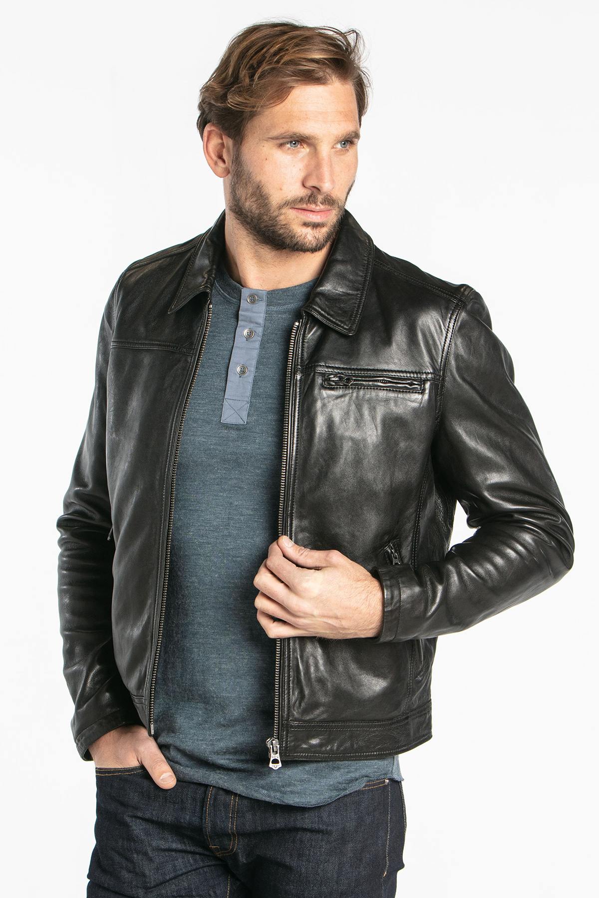 Black lambskin leather jacket with shirt collar - Image n°1