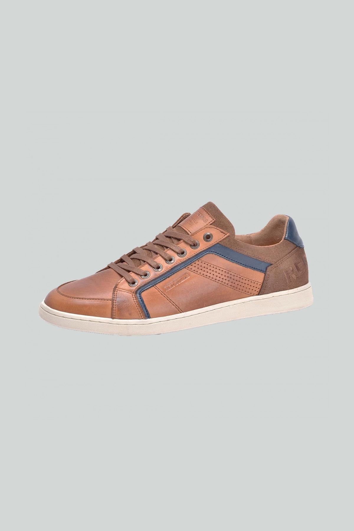 Cognac and navy blue leather sneakers - Image n°1