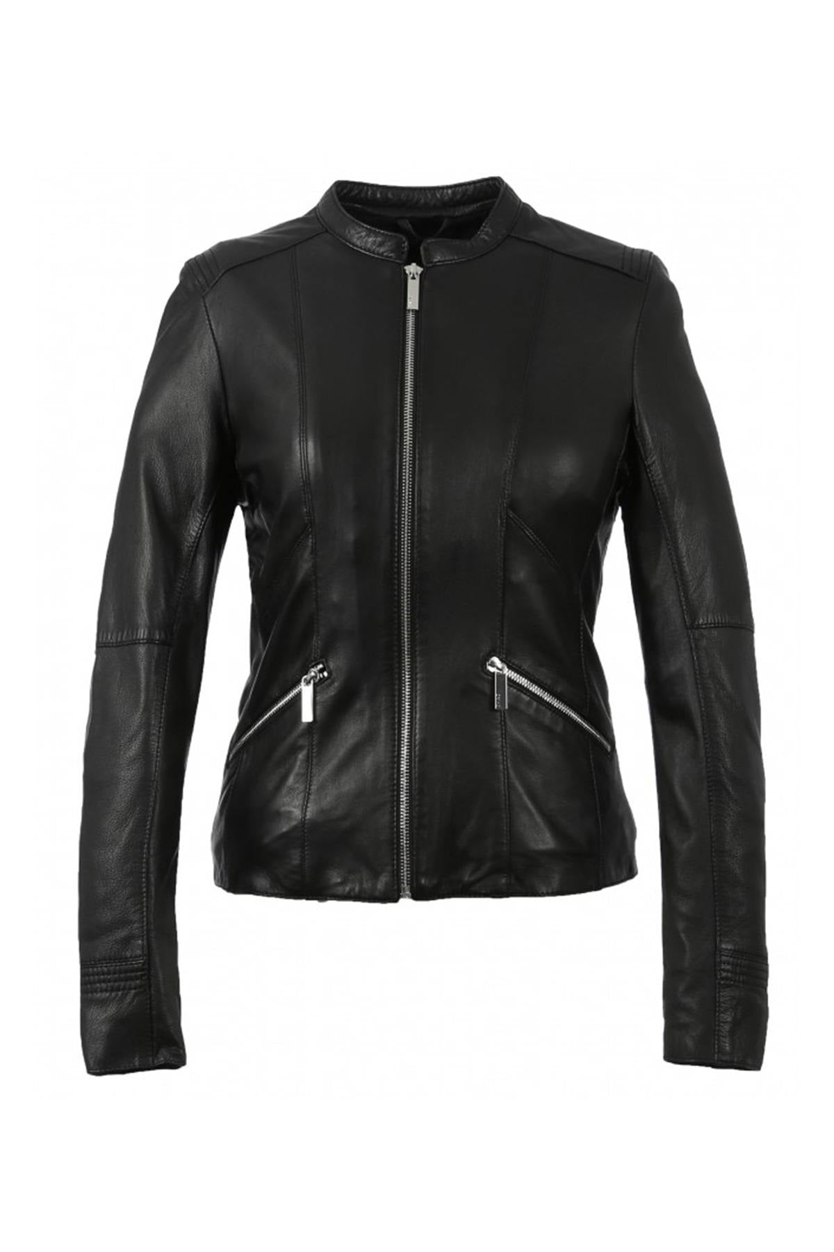 Women's black leather jacket with round neck - Image n°8