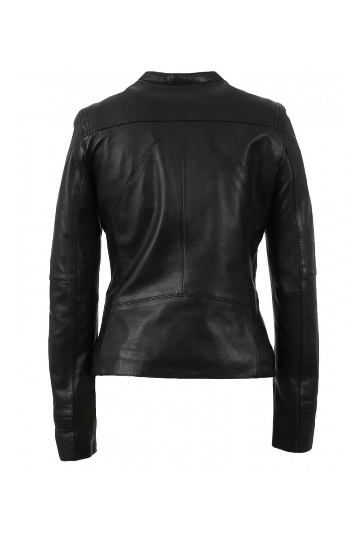 Women's black leather jacket with round neck - Image n°9