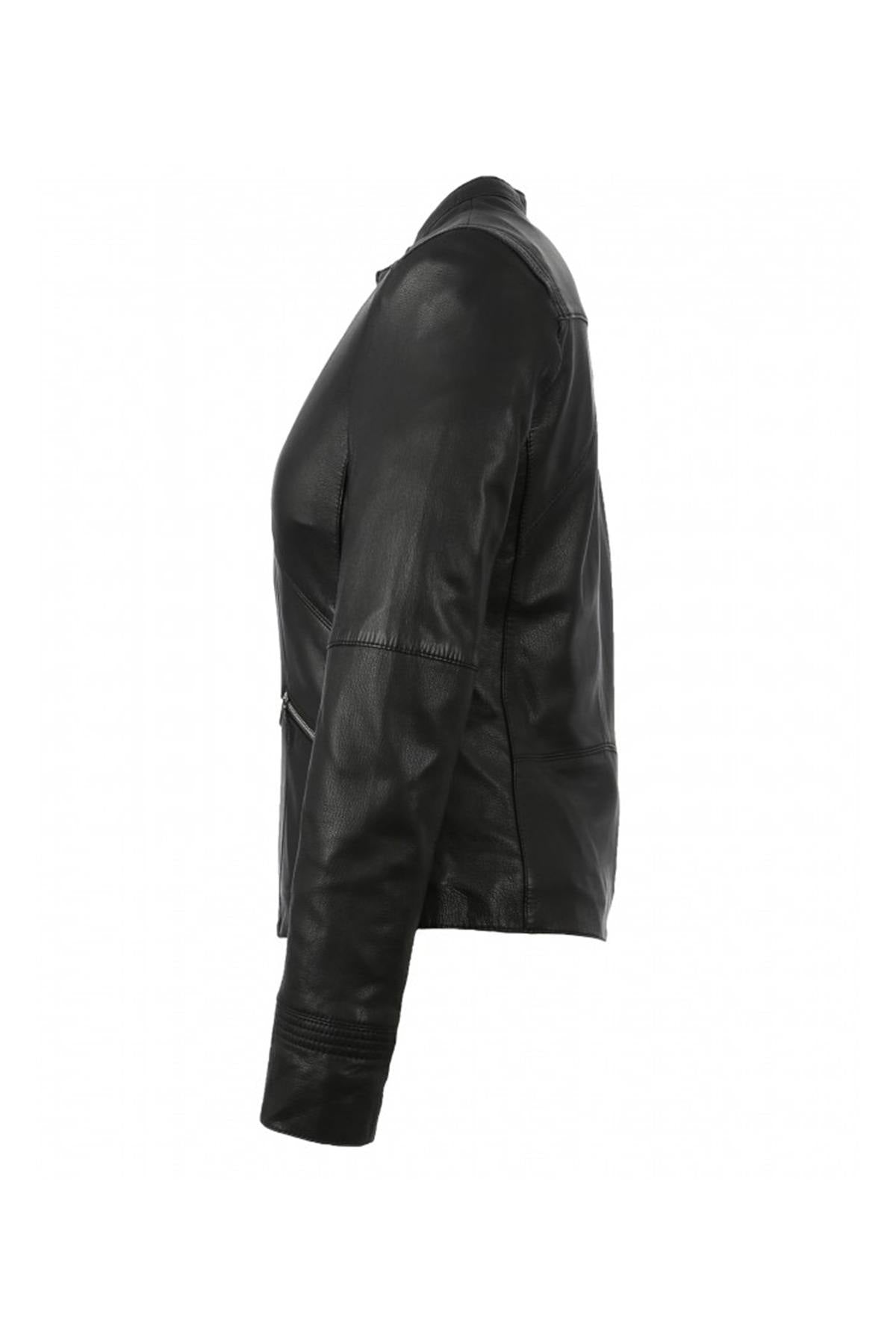 Women's black leather jacket with round neck - Image n°10