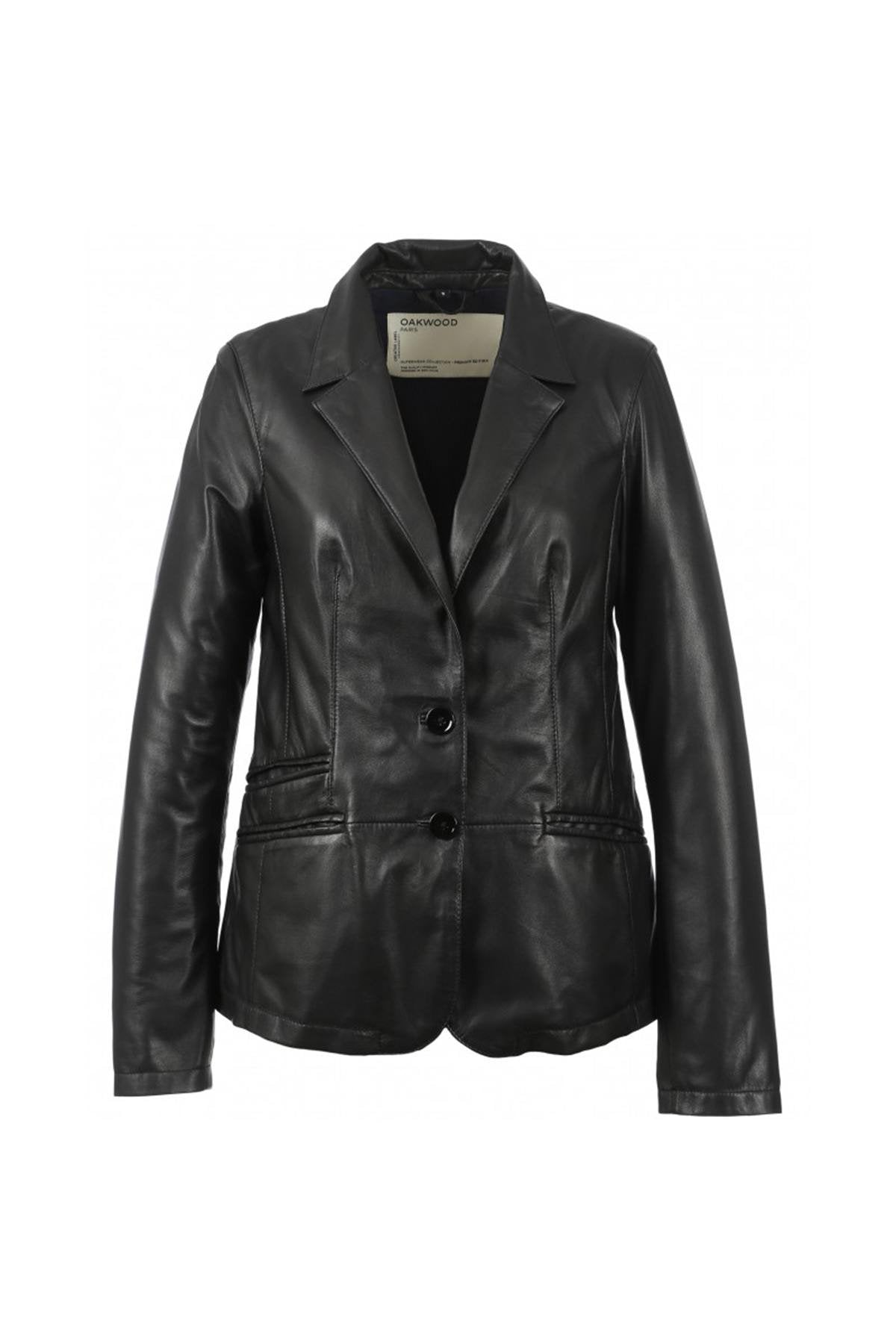 Fitted blazer jacket in black leather - Image n°7