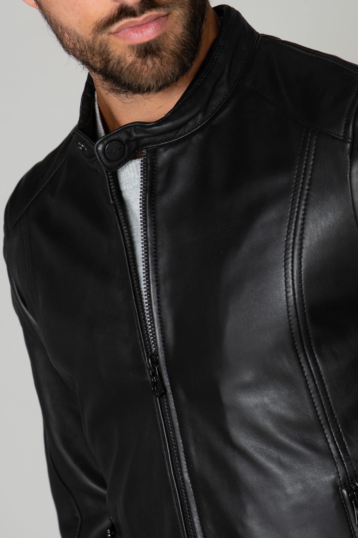 Black leather jacket with biker collar - Image n°2