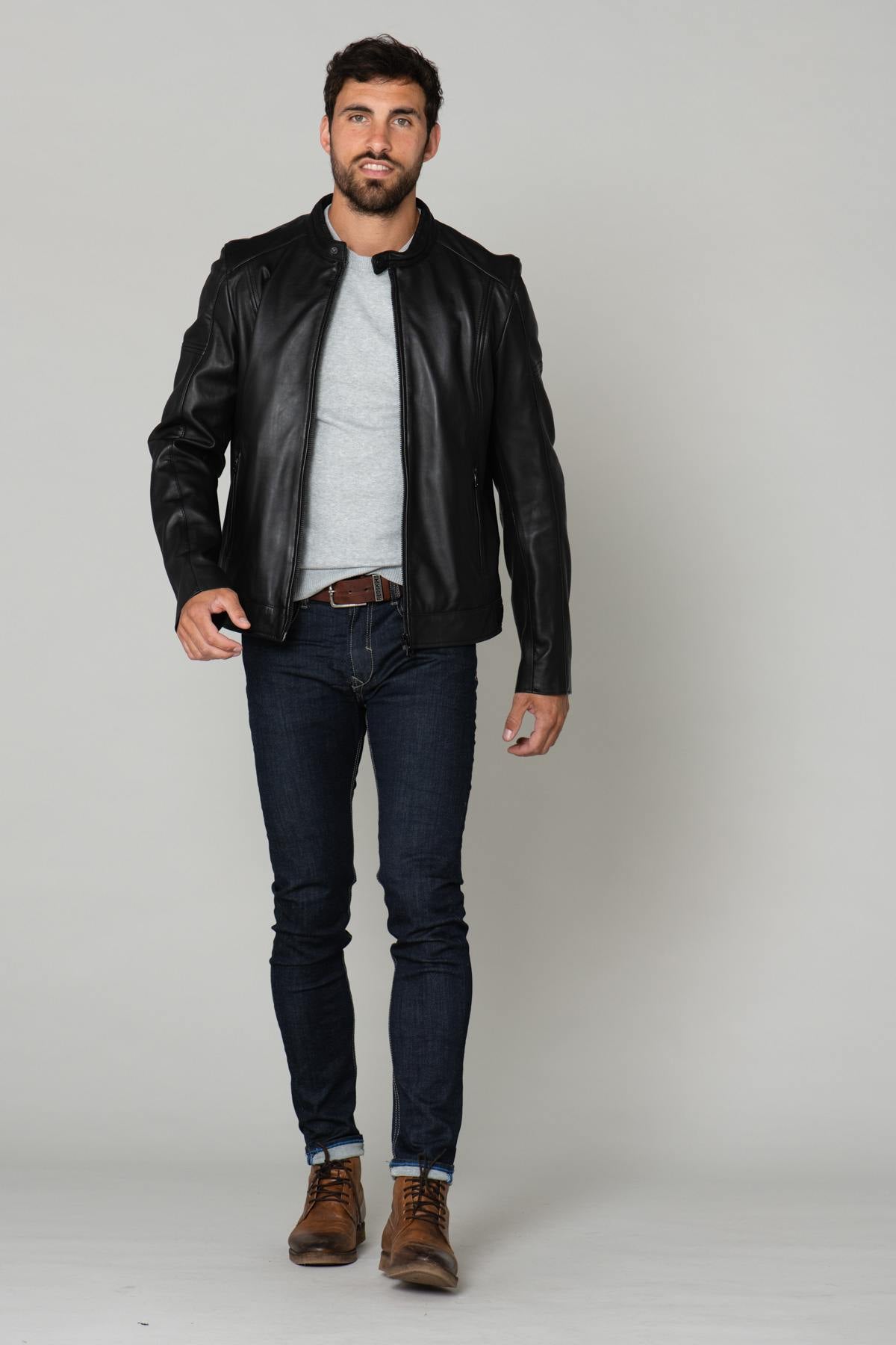 Black leather jacket with biker collar - Image n°3