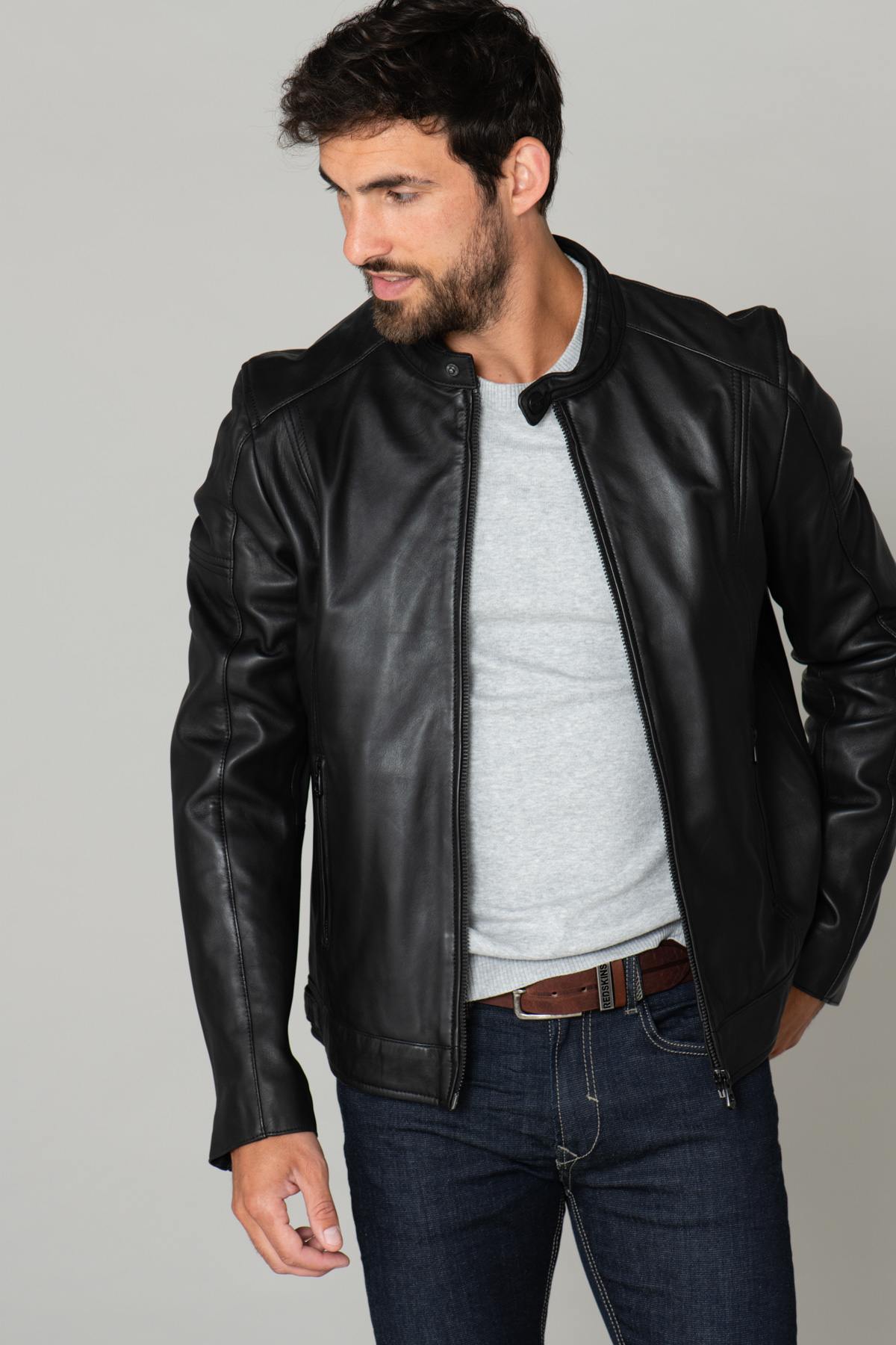 Black leather jacket with biker collar - Image n°1