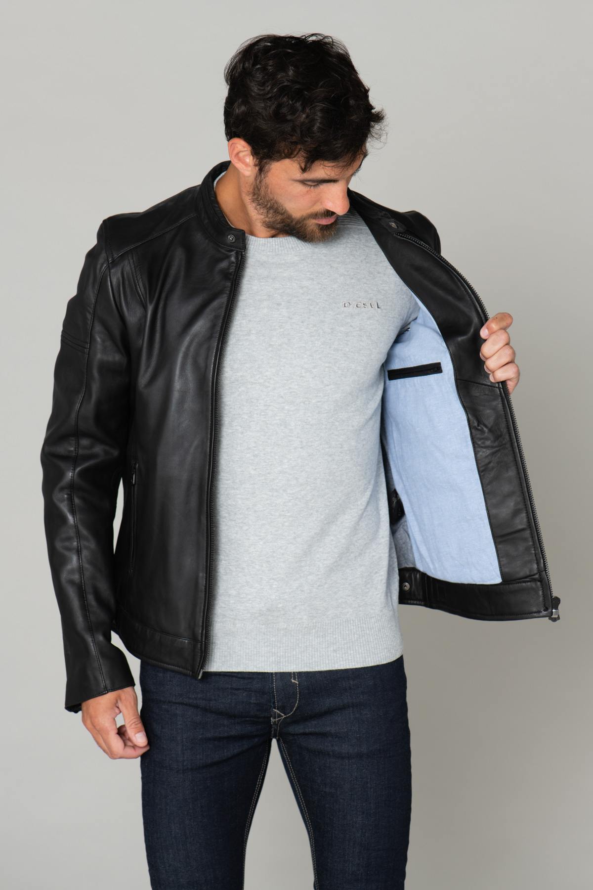 Black leather jacket with biker collar - Image n°5