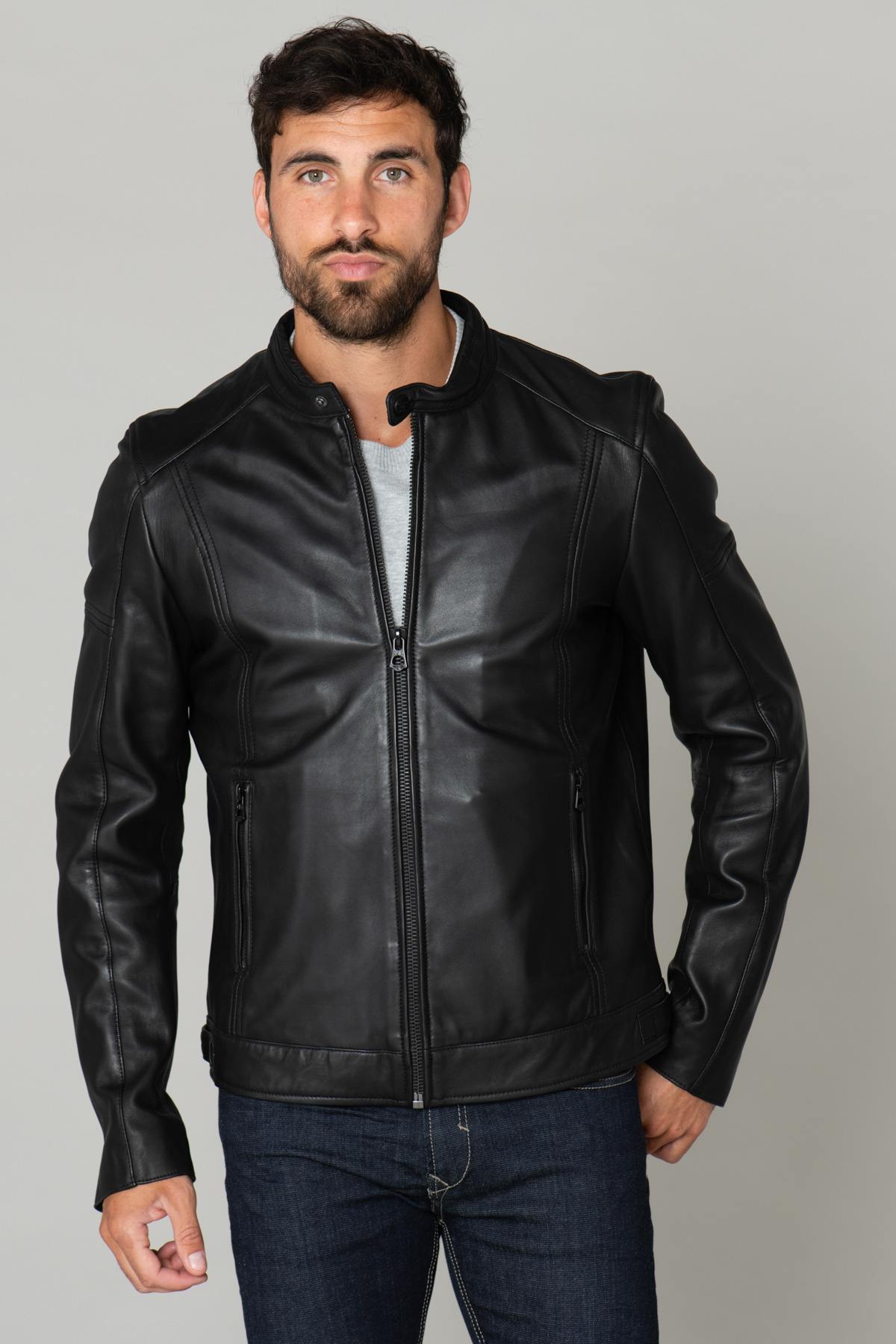 Black leather jacket with biker collar - Image n°4