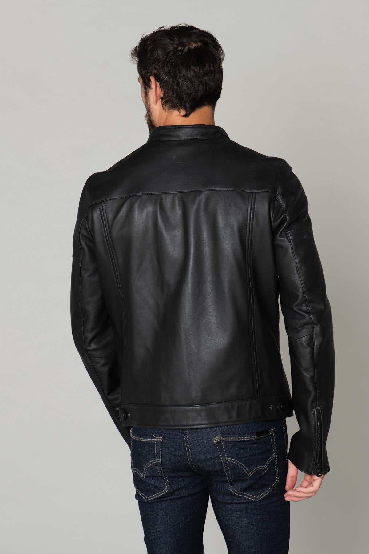 Black leather jacket with biker collar - Image n°6