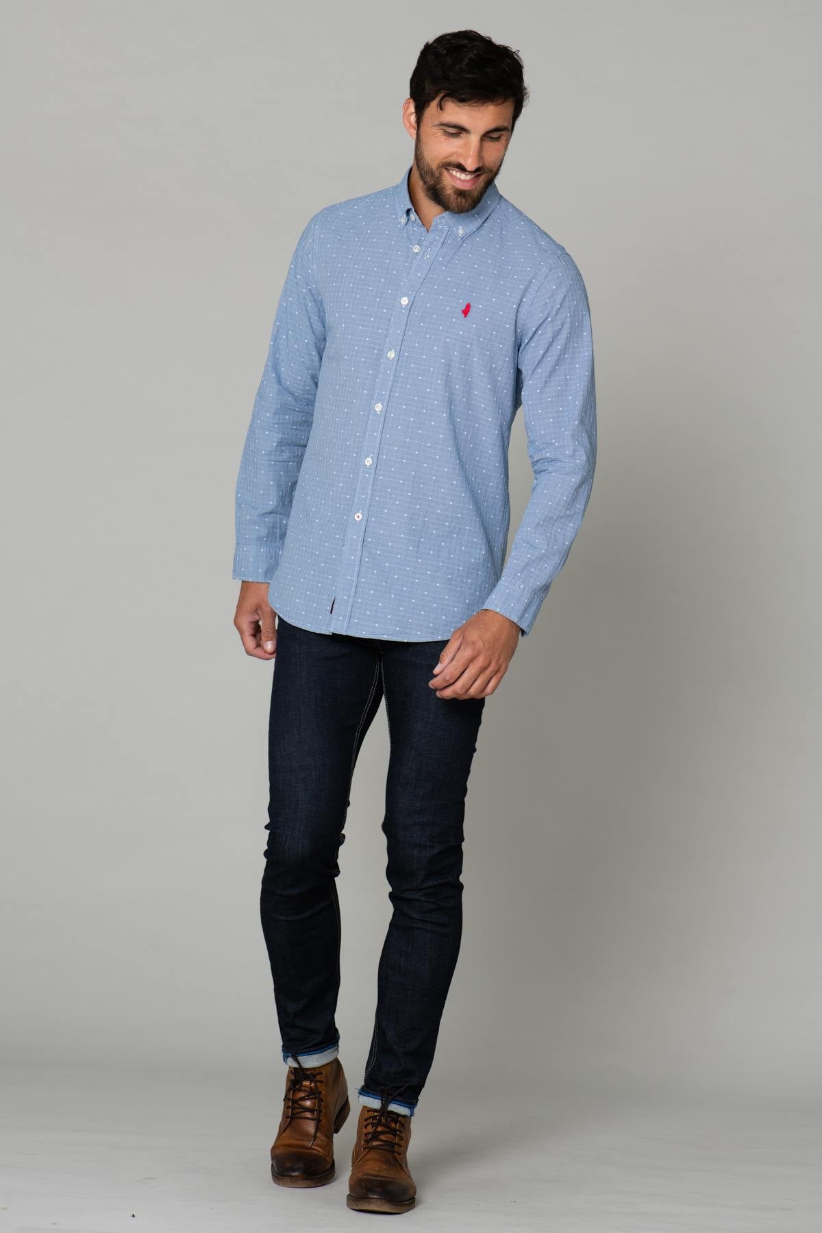 Light blue cotton shirt with white patterns - Image n°2