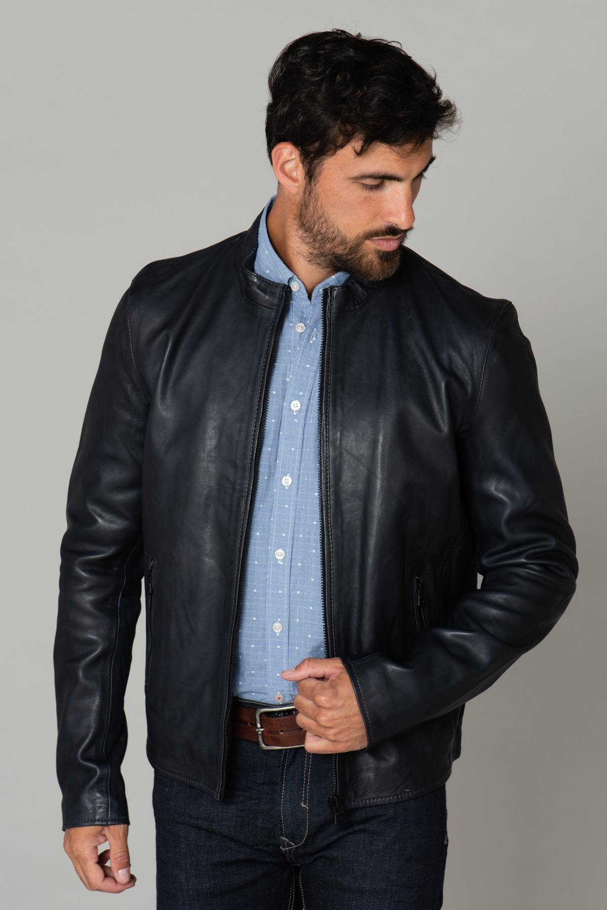 Navy blue leather jacket - Image n°1