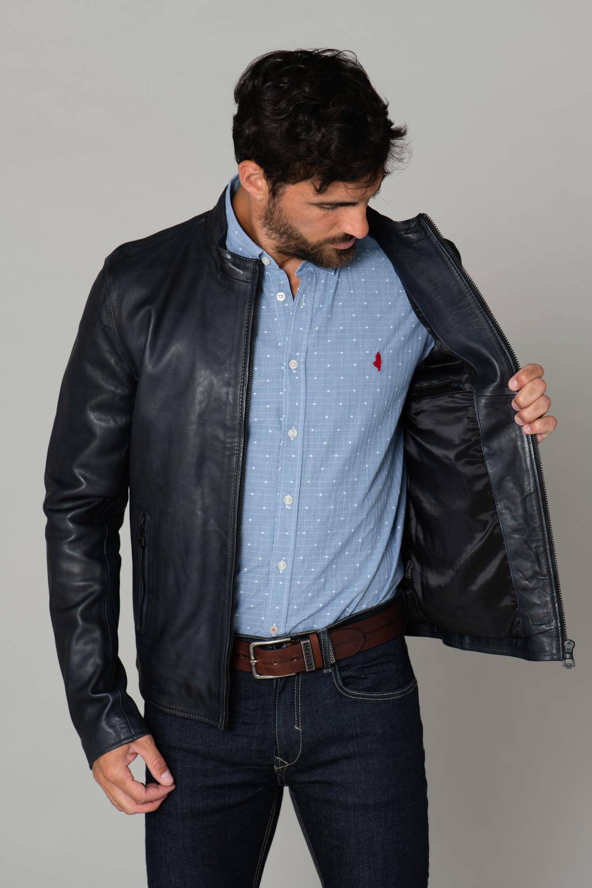 Navy blue leather jacket - Image n°5