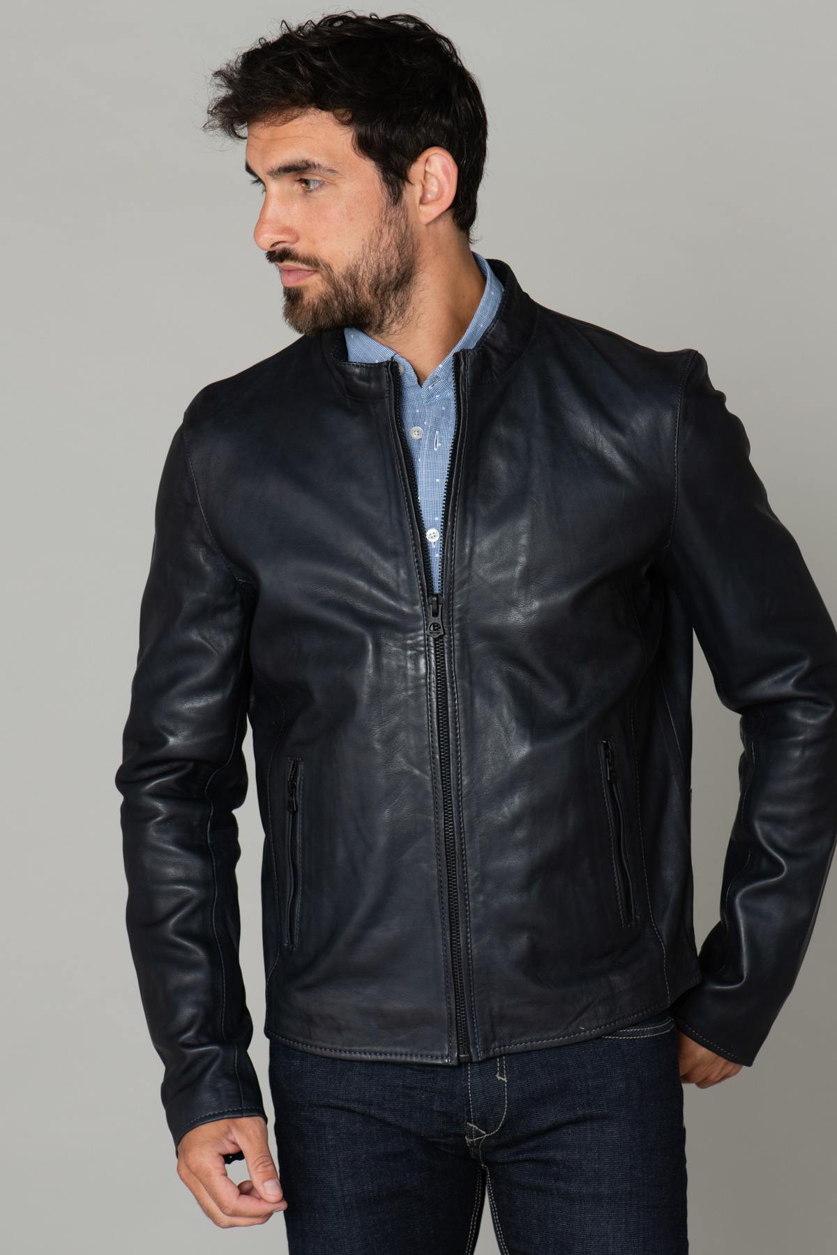 Navy blue leather jacket - Image n°4