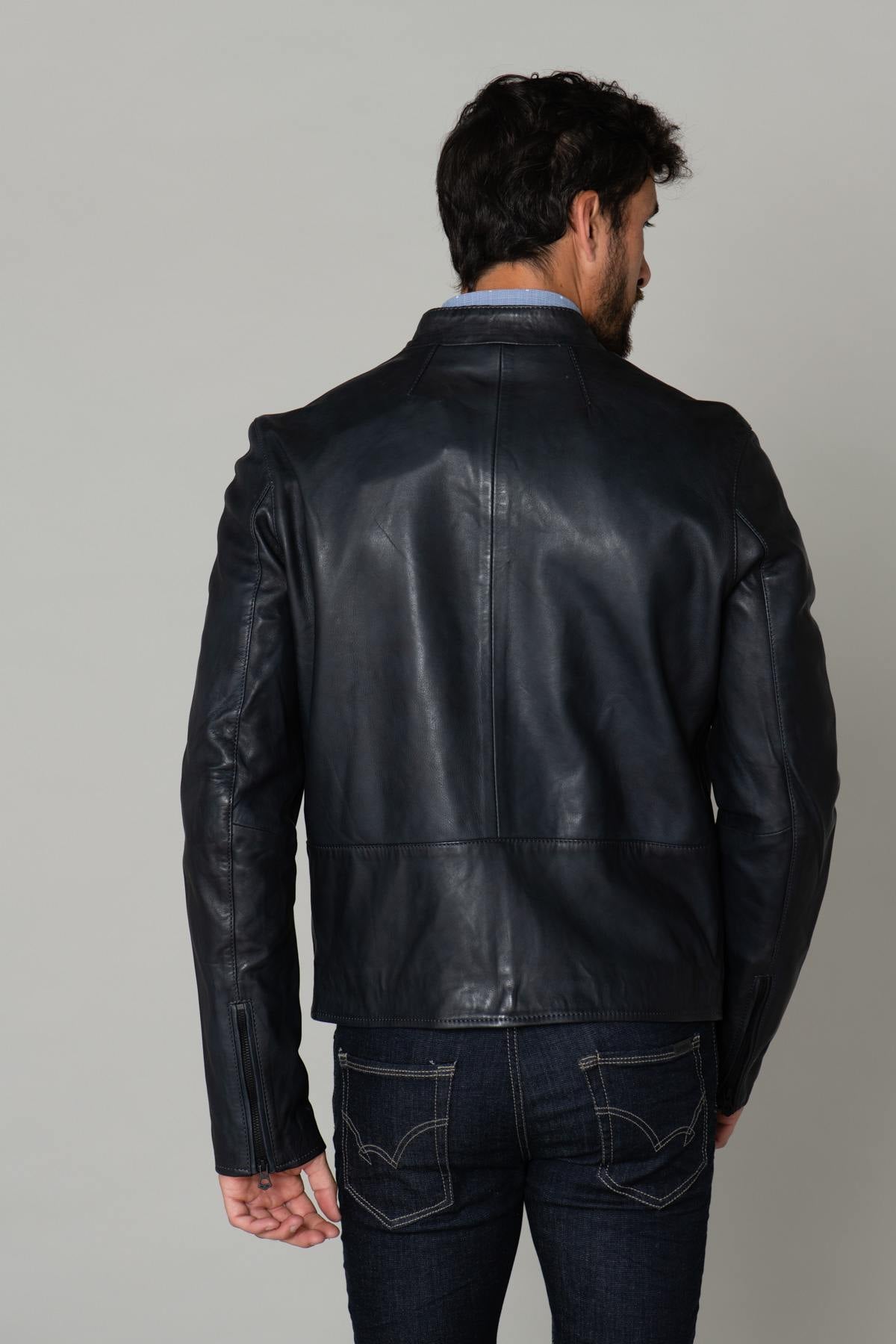 Navy blue leather jacket - Image n°6