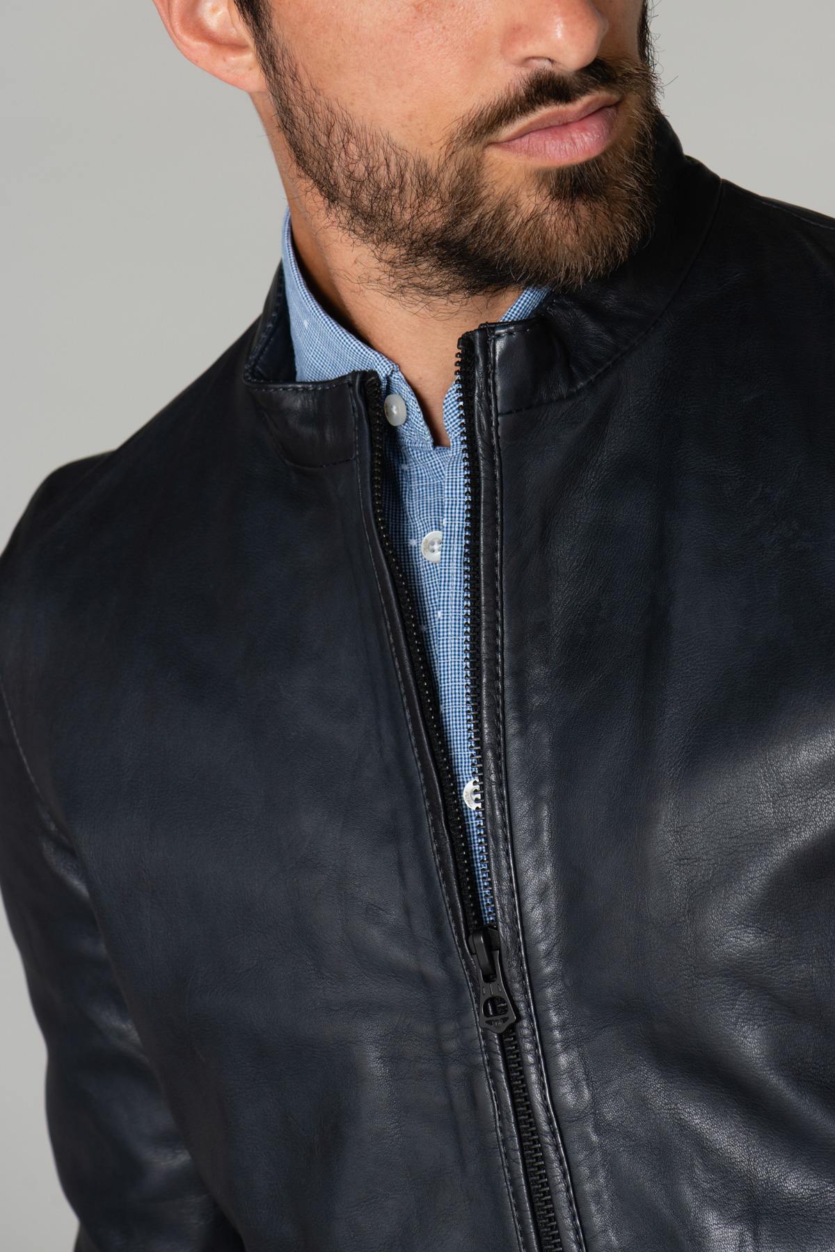 Navy blue leather jacket - Image n°2