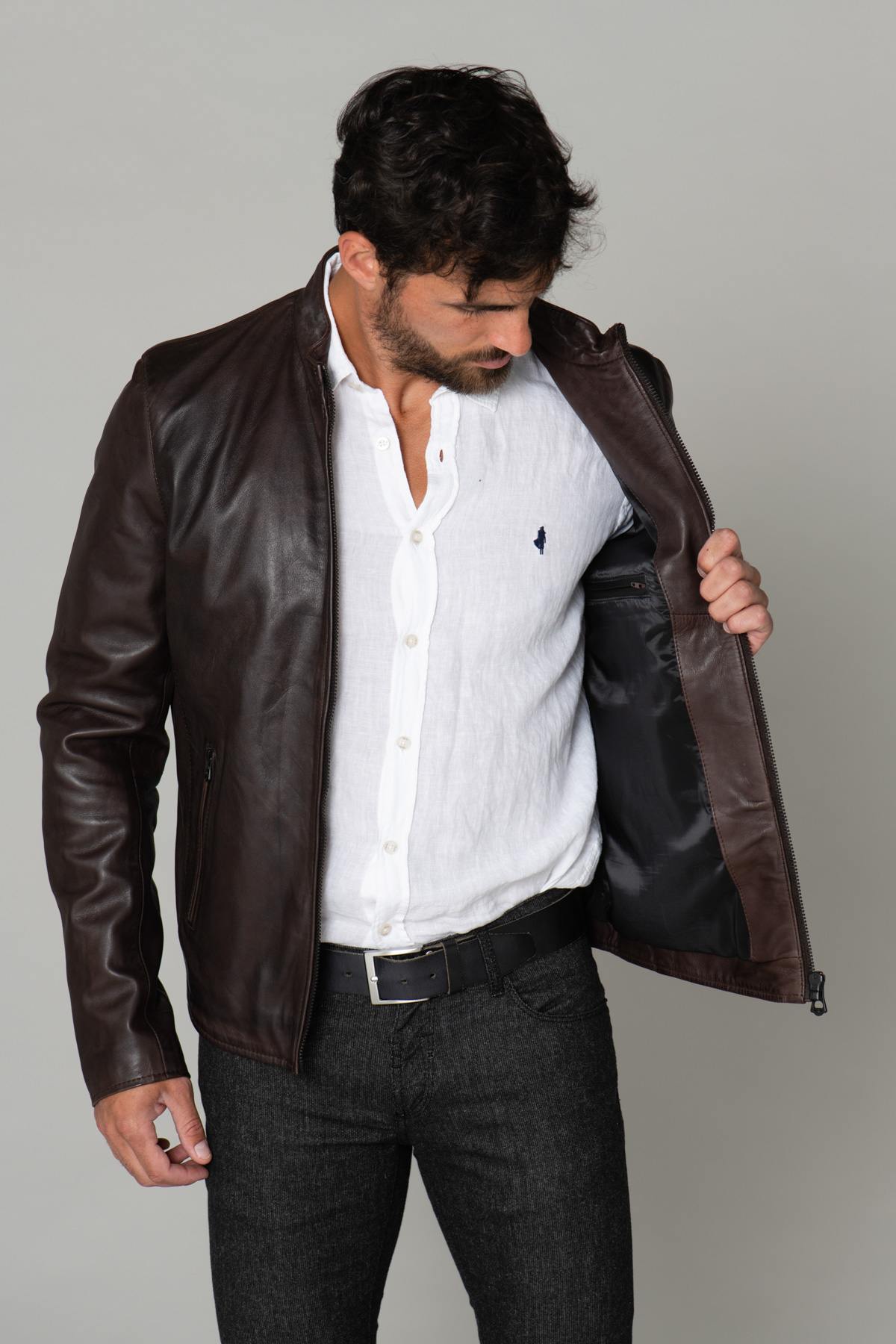 Brown biker look jacket - Image n°5