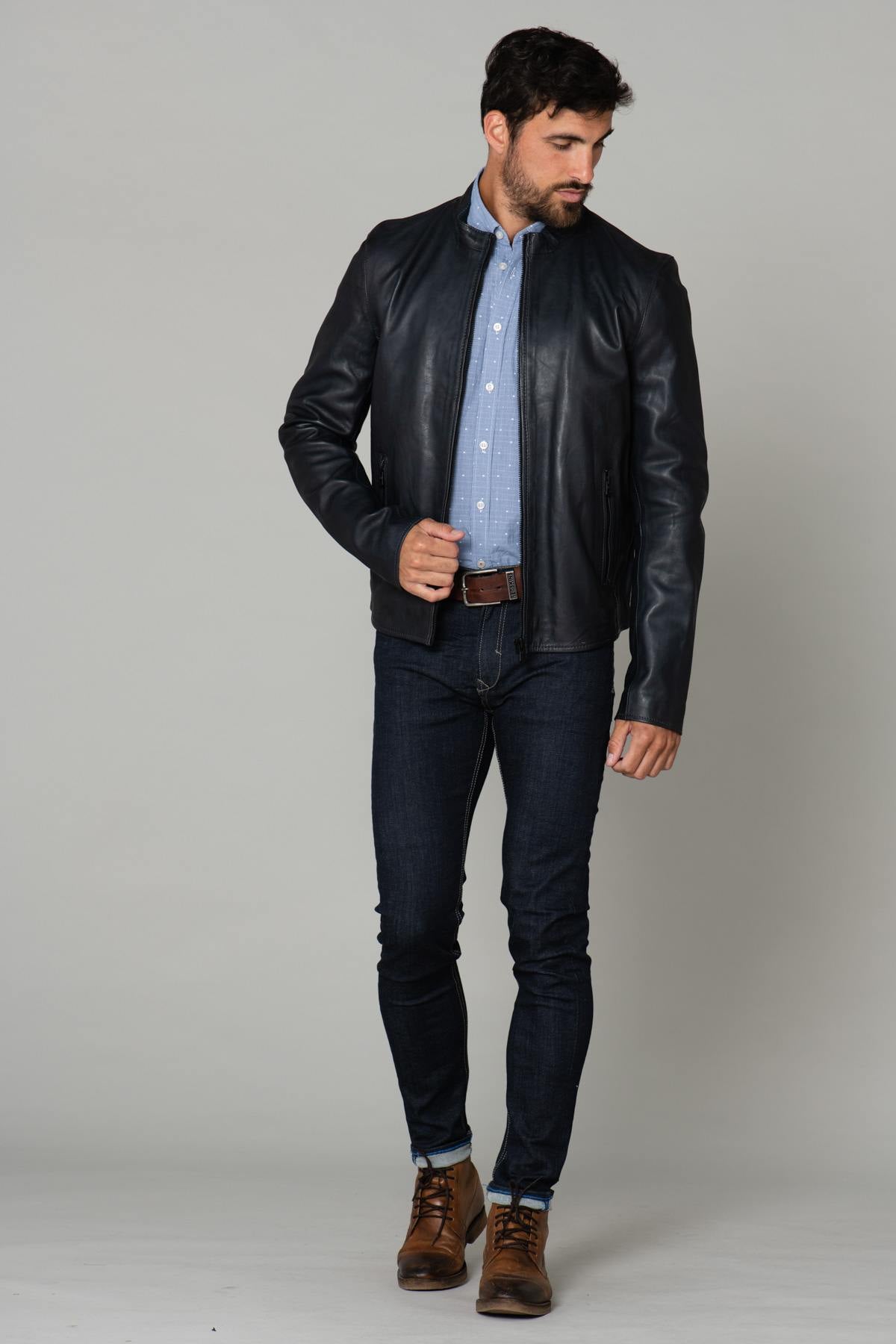 Navy blue leather jacket - Image n°3