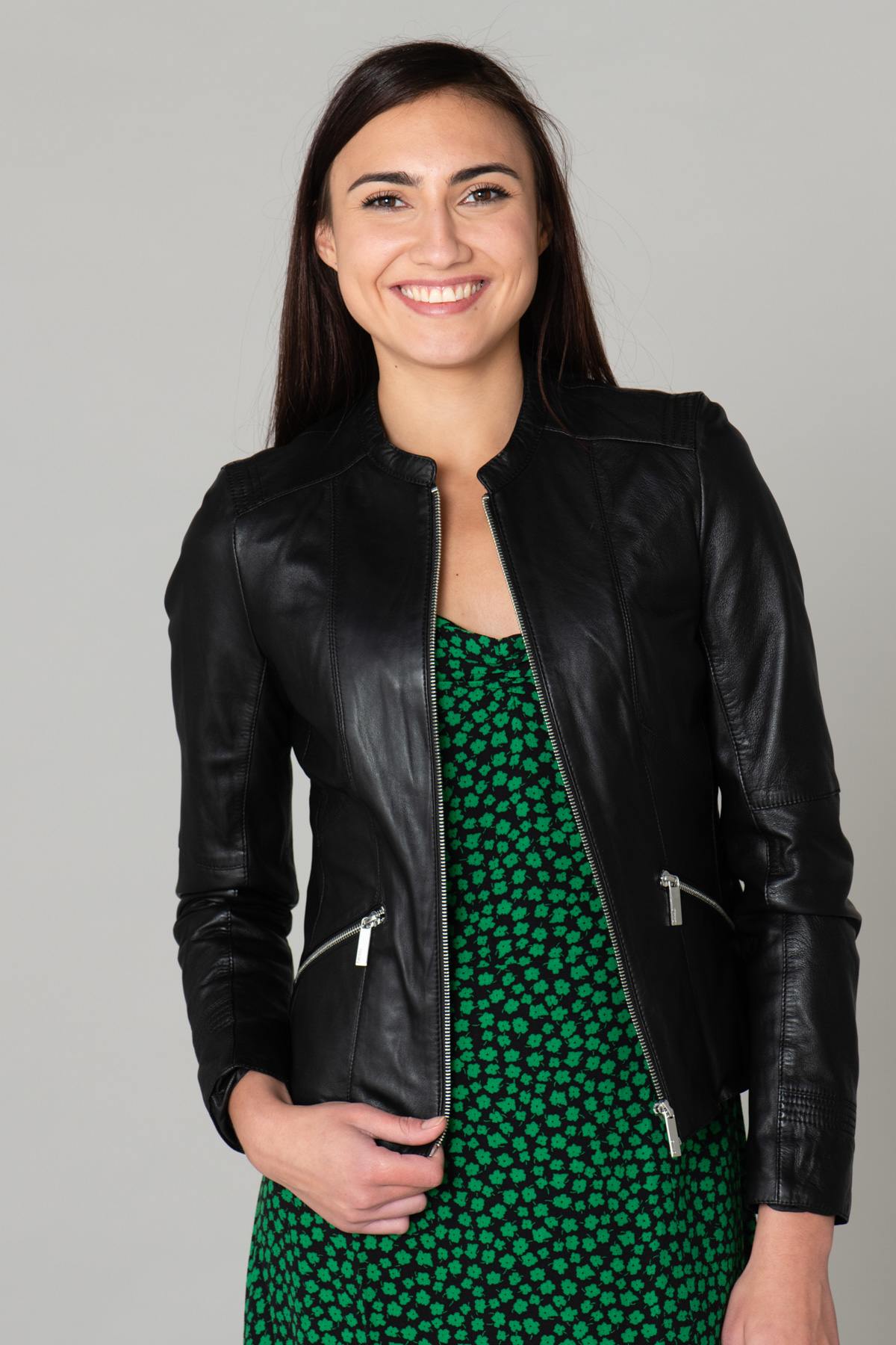 Women's black leather jacket with round neck - Image n°7